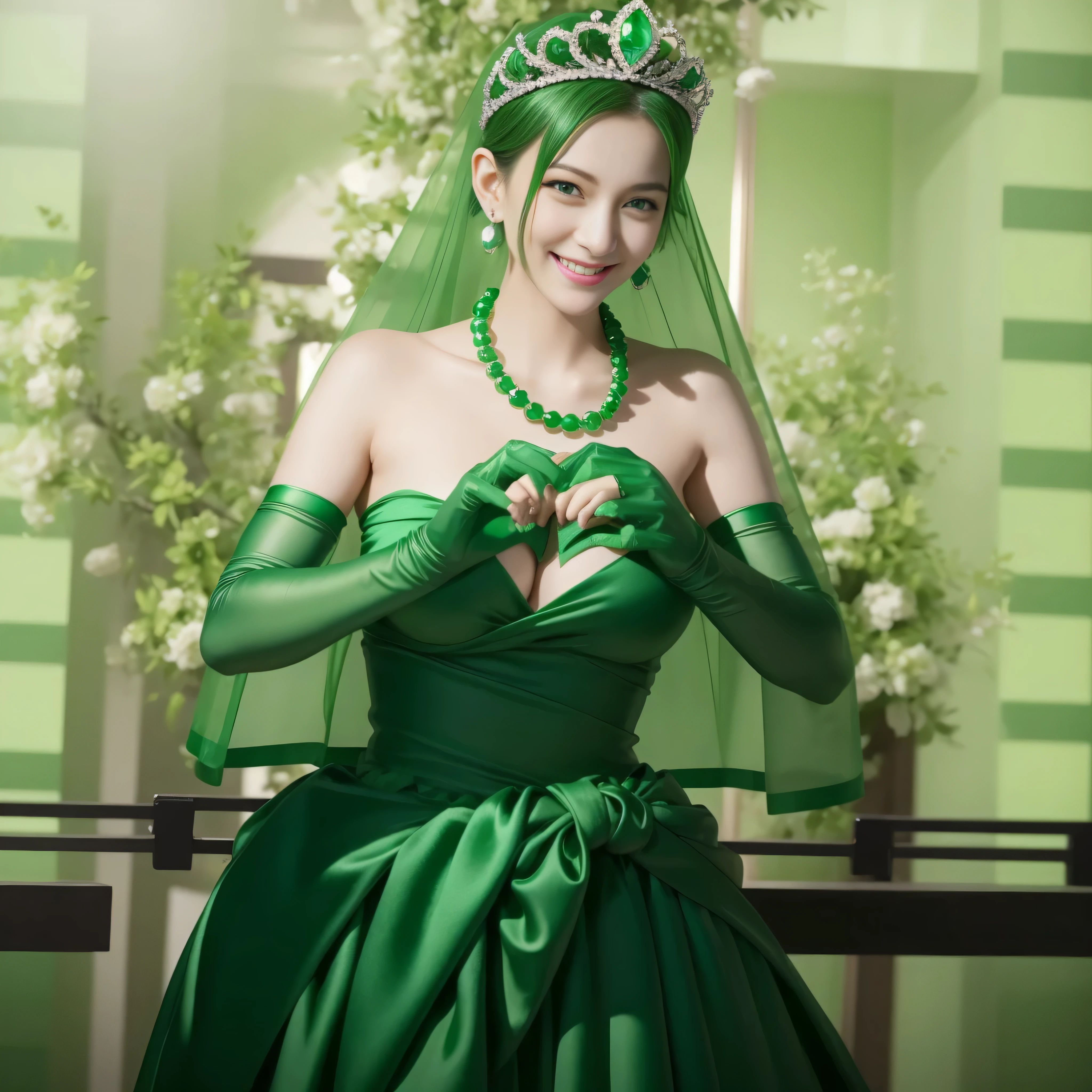 emerald tiara, Green Pearl Necklace, Boyish green berry short hair, lipstick, smiling Japanese woman, very short hair, big breasts beautiful, green eyes, green satin long gloves, green eyes, v sign, emerald earrings, Green veil, green lip gloss