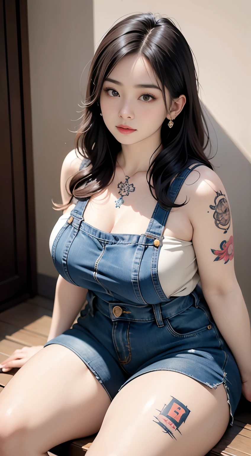 there is a woman sitting down with a longest brown hair, bbwchan, thicc, brown hijab outfit, brown hairstyle model, korean girl, korean woman, wearing brown robe, full length shot, alluring plus sized model, japanese goddess, clothed in hooded, voluptuous and arousing, portrait shot, curvy model, voluptuous body, wonderful, nene tanaka body , bbwchan, The overall atmosphere is smooth , haunting illustrations, extremely high-resolution details, photographic, realism pushed to extreme, fine texture, 4k, ultra-detailed, high quality, high contrast, red sneakers , cold atmosphere ,, cold atmosphere ,, ((Detailed texture of tattooed skin)), tattoo round breasts, irezumi tattoo style, tattoo on breasts, tttattoo, showing her thigh , tattoo on thigh, a close up of a woman with tattoos on her body, inked, tattooed body, fully tattooed body, tattooed, full-body tattoos, full - body tattoos, , full body tattoo, with tattoos, , tattoos, tattoos all over the skin, tattoos and piercings, ((Neka: 0.45)) LoRA, {{大哥的纹身女人 Iremuzi tattoo style v1.0: 0.91}},, ((BohoAI v1.0 : 0.45))
