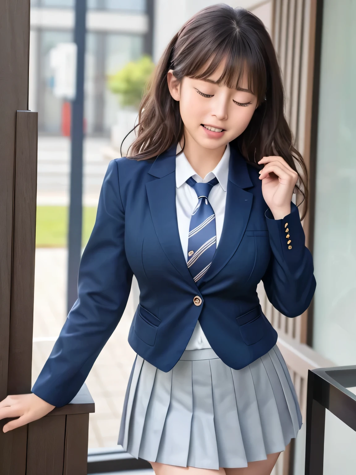 8k, highest quality, real image, intricate details, Super detailed, ultra high resolution, depth field,(realistic,realistic:1.2), (black eye), (tears flow:1.1), (Are crying:1.2), (closed my eyes:1.2), (open mouth:1.1) 1 Japanese female, very beautiful 17 year old girl, Big eyes, beautiful breasts:1.5、highly detailed eyes:1.2), (beautiful breasts:1.1), (small breasts:1.5), wavy hair、curly hair、bangs, perfect skin, Fair skin, huge hips, thick thighs, thick legs, cleavage, tight waist, light blush, alone, looking at the viewer, ((School_uniform),(dark blue blazer), (white shirt、wear a tie), (gray pleated skirt), (sculpture installation :1.1)