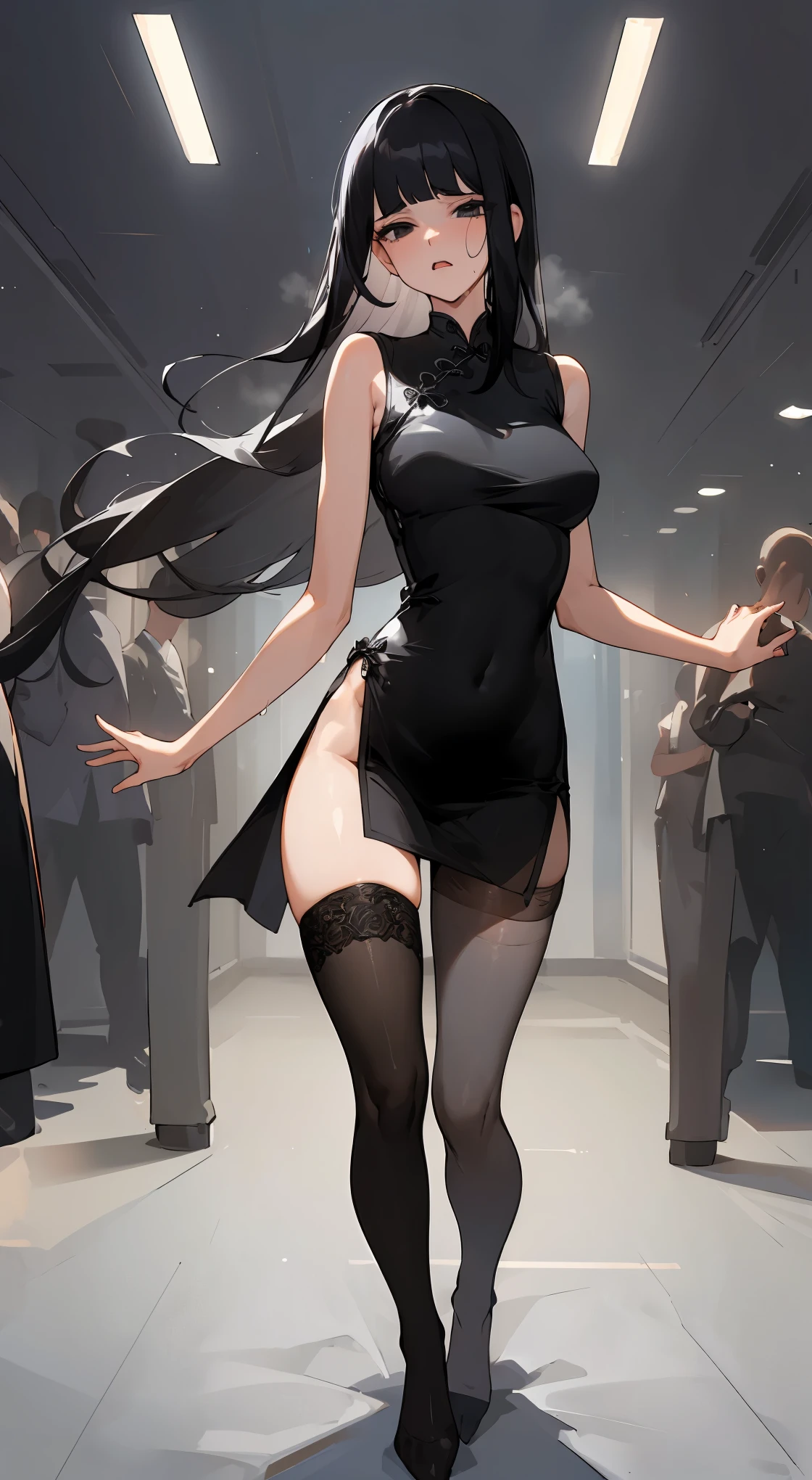 nsfw,((vaginal penis:1.2)),((1man and 1woman,having sex)), standing_missionary,portraitg,1woman solo,20 year old beauty,black hair,long  hair,blunt  bangs,black eyes,crying,drooling,slender body, ideal ratio body proportions,medium breasts,standing,spread legs:1.3,gleaming skin,Perfect Anatomy,sweat,((black cheongsam dress、sleeveless、short length and deep slit、rolled up hem、thigh_gap, black_thighhighs)),   BREAK   (((Depicting a large group of people in the background:1.5,Number of people is random、many people blurt out、party venue、luxury hotel)))、indoor lighting、