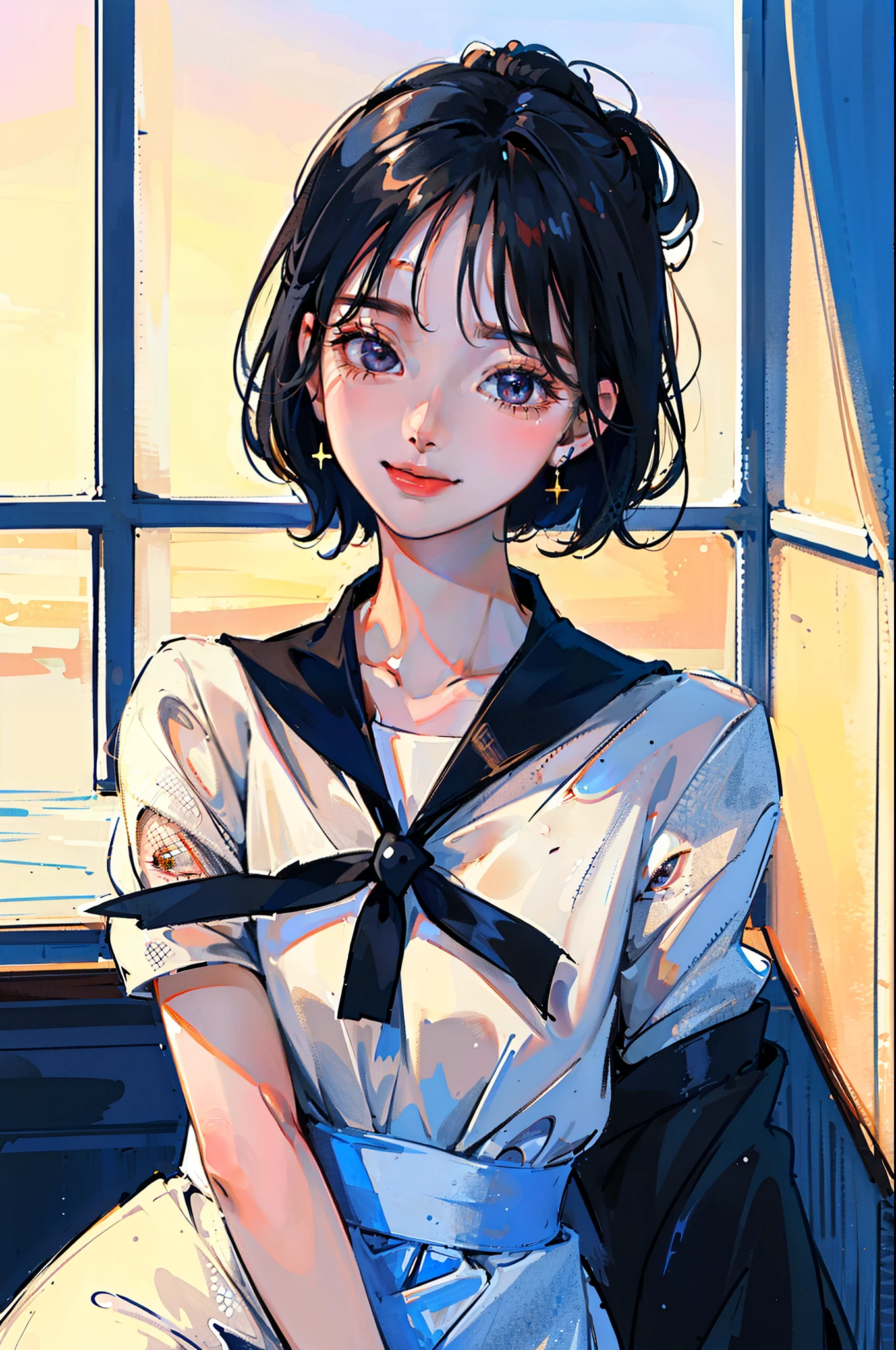 (Super fine CG unified 8K wallpaper, masterpiece, highest quality, super detailed), (best lighting, best shadows, extremely delicate and beautiful) Asuka, bright smile on her face. Dressed in an immaculate dress, her short cut black hair frames her beautiful face perfectly. Her navy sailor collar flutters proudly in the air, while her dark eyes sparkle with joy.