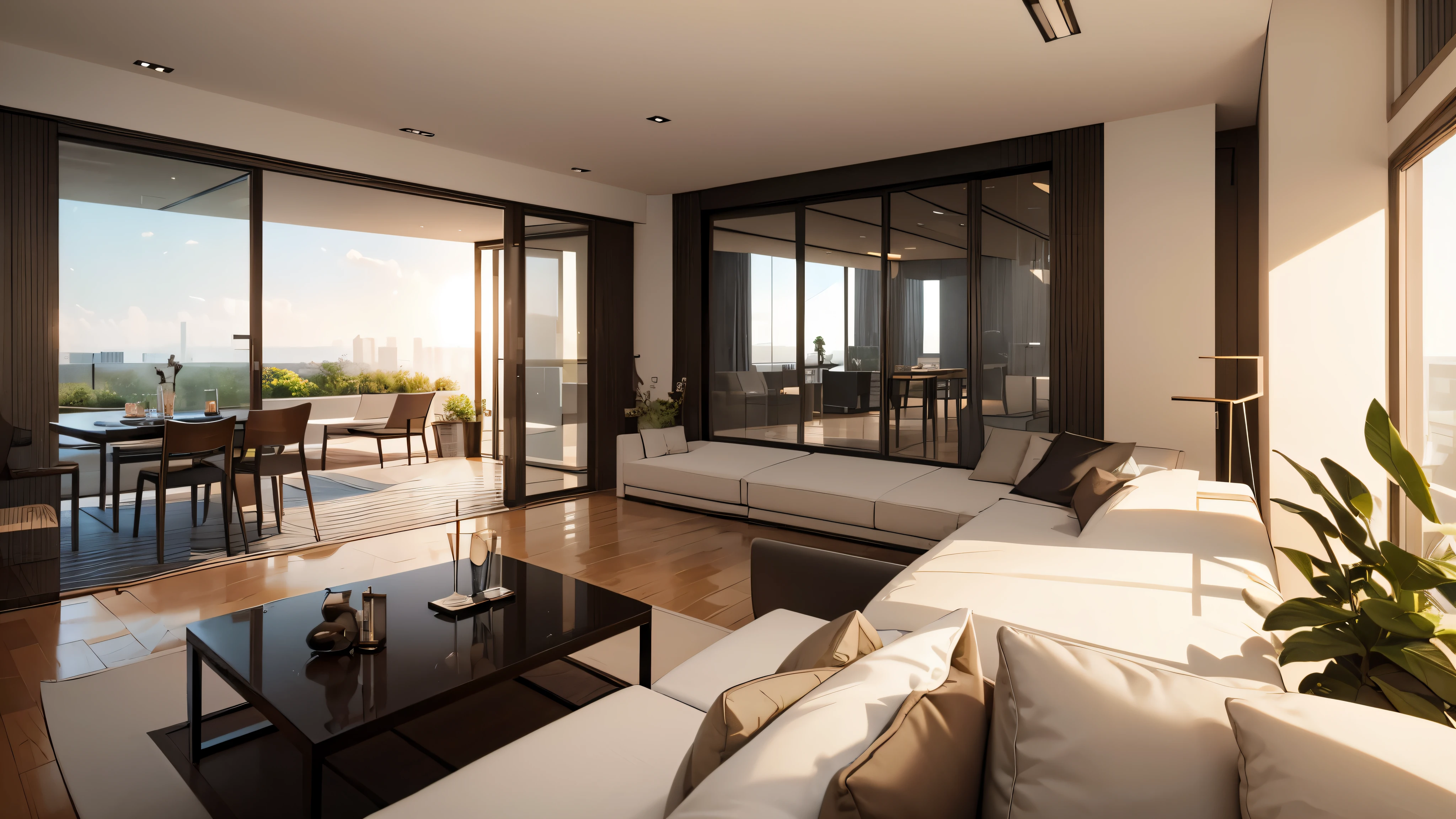 you are a famous interior designer、I was asked to create a 3D image of a large modern room.。. Create a harmonious environment with modern and minimalist furniture. Including garden interior.