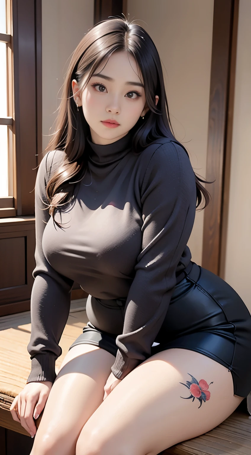 there is a woman sitting down with a longest brown hair, bbwchan, thicc, brown hijab outfit, brown hairstyle model, korean girl, korean woman, wearing brown robe, full length shot, alluring plus sized model, japanese goddess, clothed in hooded, voluptuous and arousing, portrait shot, curvy model, voluptuous body, wonderful, nene tanaka body , bbwchan, The overall atmosphere is smooth , haunting illustrations, extremely high-resolution details, photographic, realism pushed to extreme, fine texture, 4k, ultra-detailed, high quality, high contrast, red sneakers , cold atmosphere ,, cold atmosphere ,, ((Detailed texture of tattooed skin)), tattoo round breasts, irezumi tattoo style, tattoo on breasts, tttattoo, showing her thigh , tattoo on thigh, a close up of a woman with tattoos on her body, inked, tattooed body, fully tattooed body, tattooed, full-body tattoos, full - body tattoos, , full body tattoo, with tattoos, , tattoos, tattoos all over the skin, tattoos and piercings, ((Neka: 0.45)) LoRA, {{大哥的纹身女人 Iremuzi tattoo style v1.0: 0.91}},, ((BohoAI v1.0 : 0.45))