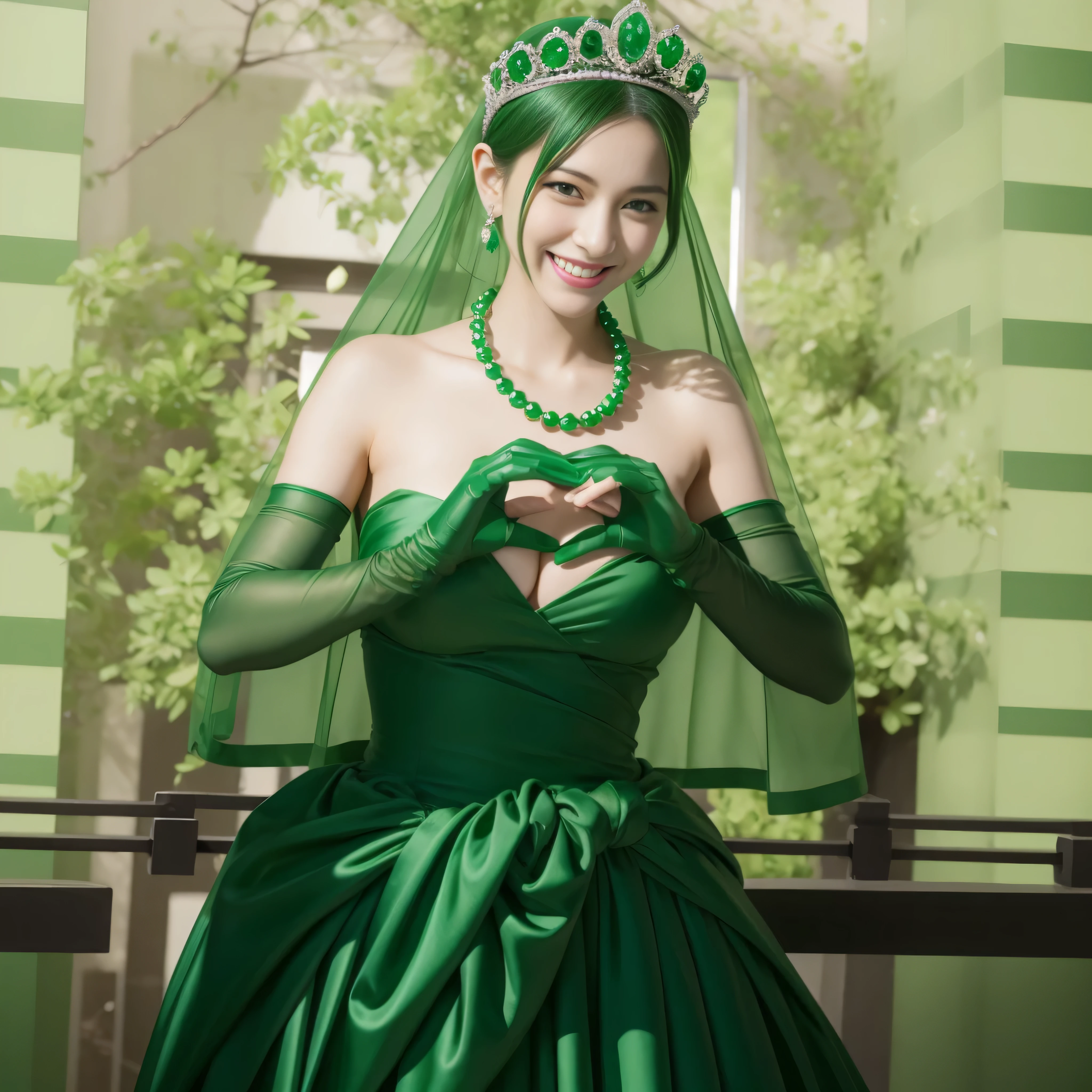 emerald tiara, Green Pearl Necklace, Boyish green berry short hair, lipstick, smiling Japanese woman, very short hair, big breasts beautiful, green eyes, green satin long gloves, green eyes, v sign, emerald earrings, Green veil, green lip gloss
