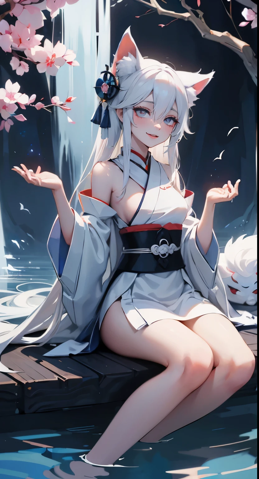 Drawing of a  with white hair sitting on a branch, ethereal , Kyuubi  three-tailed , Onmyoji Detailed Art, Kyuubi, fox ears，Beautiful artistic illustration, mythical creatures, Beautiful digital art work, Beautiful digital illustrations, Water often, 灵感来自mythical creatures Wildnet, Digital art on pixiv, Bright light, high contrast, horror theme, dark atmosphere，seductive，naughty smile，shy，blush，long white hair，sit on the floor，Bright Eyes，