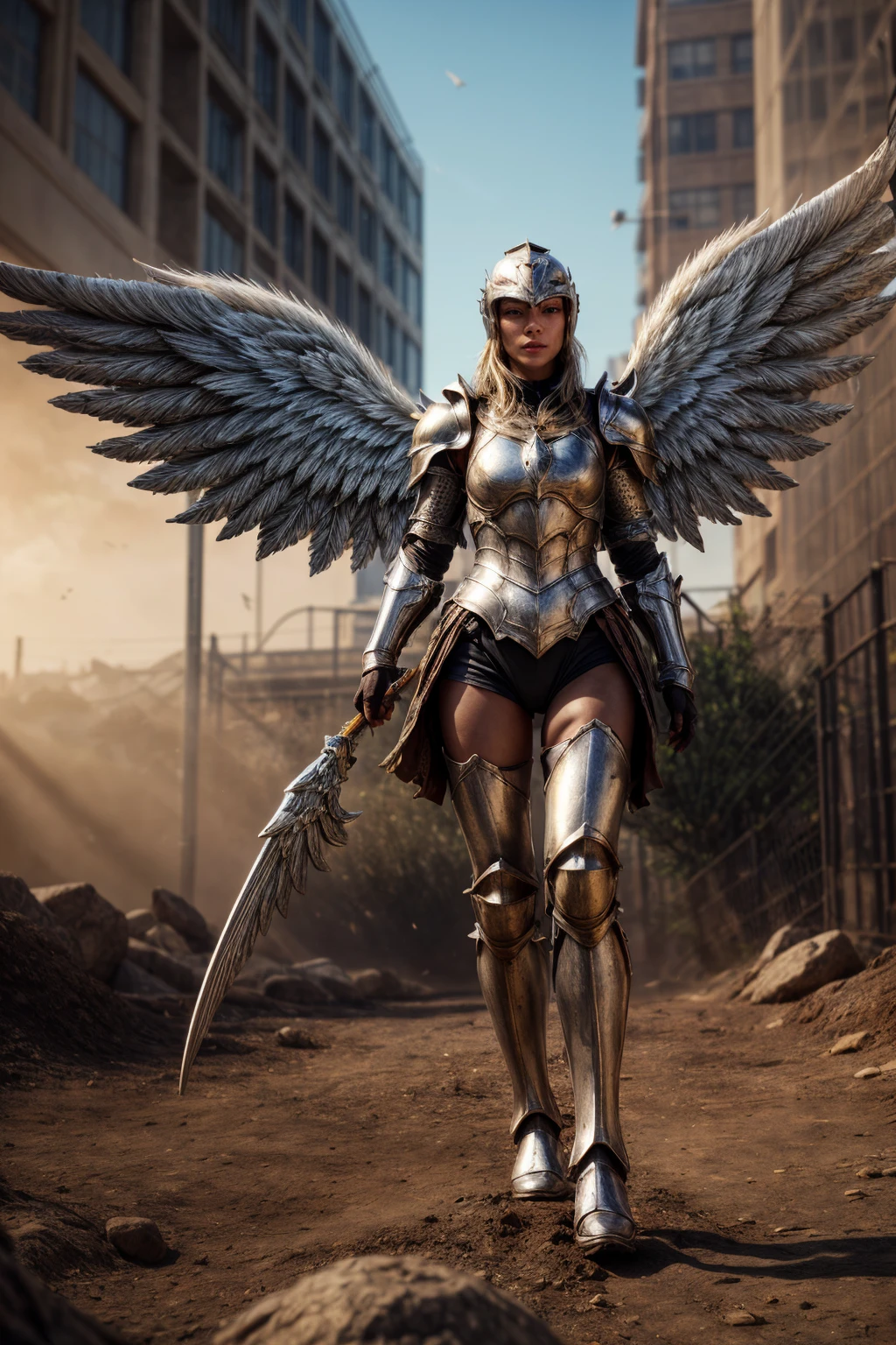 a person in armor with wings on a dirt ground, armor angle with wing, angel in plastic armor, beautiful armor, wearing winged helmet, angel knight girl, glass helmets and dove wings, holy armor, clothed in ethereal battle armor, epic angel wings, metal wings, light coming off of the armor, covered in full silver armor, photorealistic, indirect lighting, volumetric light, ray tracing, hyper-detailed, best quality, ultra-high resolution, HDR, (8k, Best Quality, Masterpiece:1.2), Ultra Detail, RAW Photo, Super Resolution, Professional Photo, Extremely Detailed and Beautiful, professional lighting, 