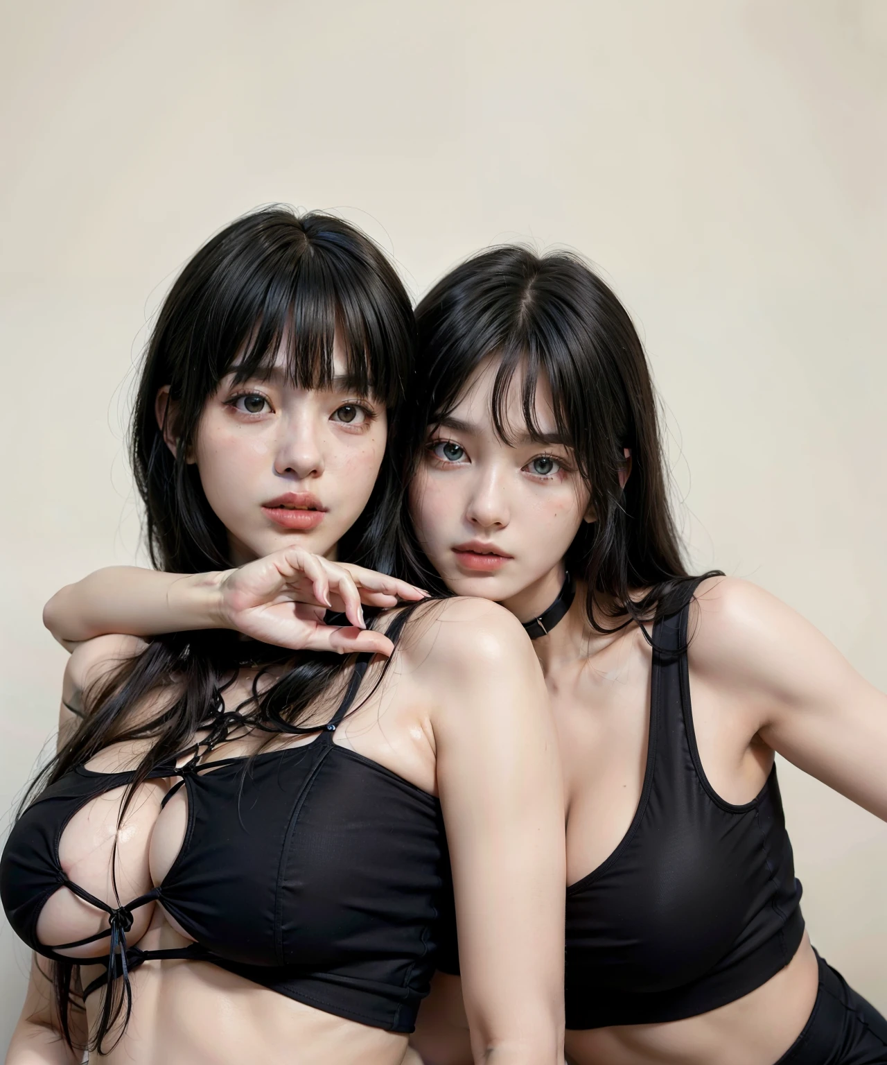 two women in black bikinis posing for a picture together, beautiful gemini twins portrait, beautiful gemini twins, with a twin, inspired by Wang Duo, she has black hair with bangs, profile pic, with black, twins, ulzzang, nixeu and sakimichan, twice, lily frank, two models in the frame, beautiful sci - fi twins