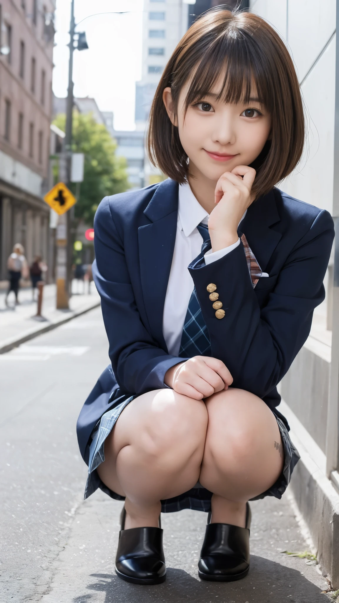 歩道でsquatting downかわいい18歳の***,red tie uniform,dark blue closed blazer,blue plaid mini skirt,bangs,a little smile,thighs,knees,random pose，pretty girl，slender girl，squatting down，