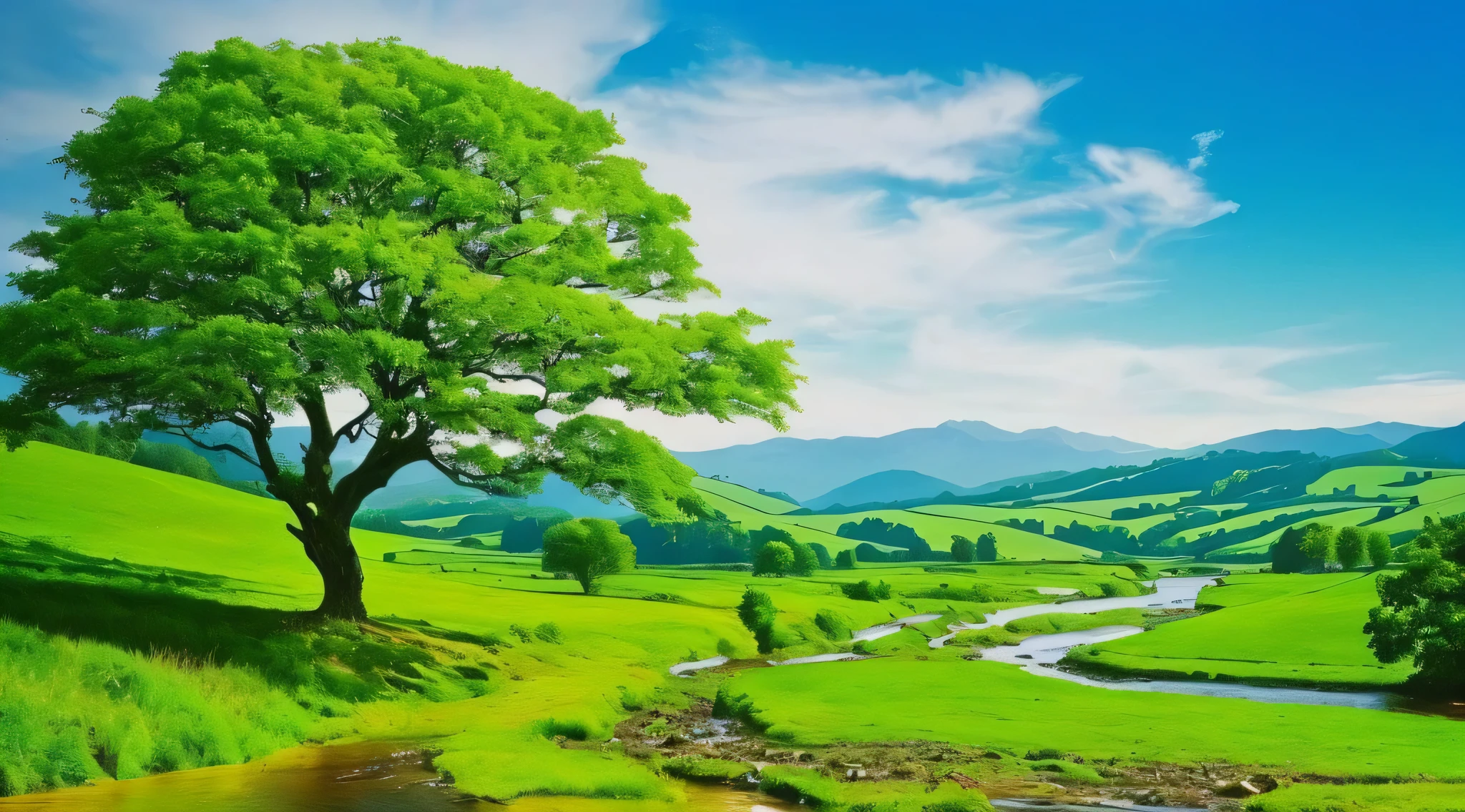 a tree in a green field with a river running through it, nature wallpaper, stunning nature in background, nature scenery, majestic nature scenery, scenery wallpaper, landscape wallpaper, very beautiful scenery, natural landscape beauty, hd wallpaper, landscape - scenery, landscape scenery, nature landscape, very very beautiful scenery, made of tree and fantasy valley, very very very beautiful scenery