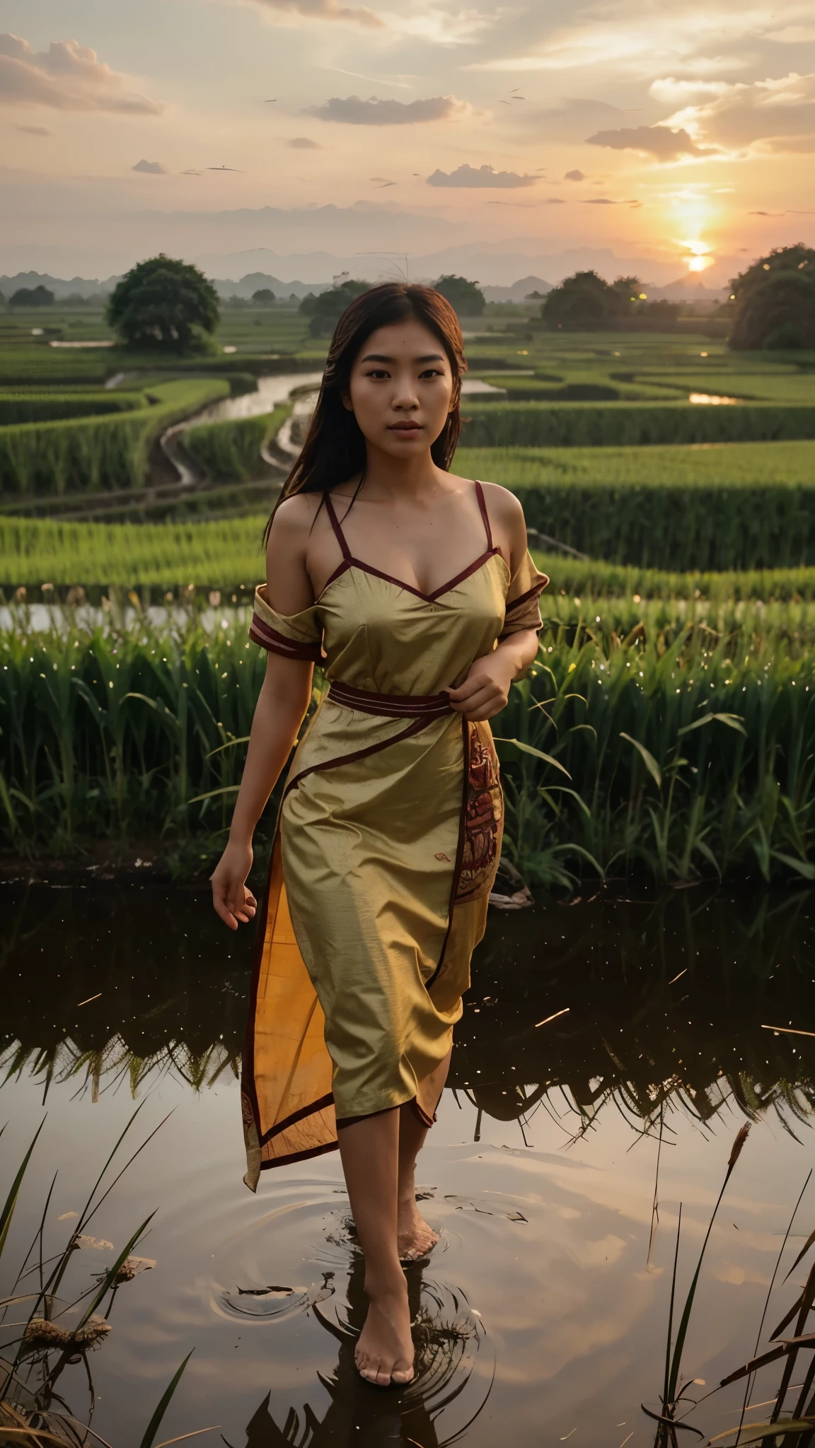 Asian girl with tradisional indonesian dress and sexiest look with sweat in her breast, walking in the middle of rice field, with beautifull sunset, the image with ultra realistic 4k