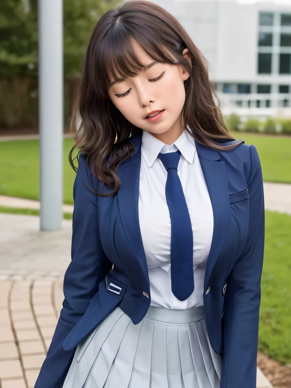 8k, highest quality, real image, intricate details, Super detailed, ultra high resolution, depth field,(realistic,realistic:1.2), (black eye), (tears flow:1.1), (Are crying:1.2), (closed my eyes:1.2), (open mouth:1.1) 1 Japanese female, very beautiful 17 year old girl, Big eyes, beautiful breasts:1.5、highly detailed eyes:1.2), (beautiful breasts:1.1), (small breasts:1.5), wavy hair、curly hair、bangs, perfect skin, Fair skin, huge hips, thick thighs, thick legs, cleavage, tight waist, light blush, alone, looking at the viewer, ((School_uniform),(dark blue blazer), (white shirt、wear a tie), (gray pleated skirt), (sculpture installation :1.1)