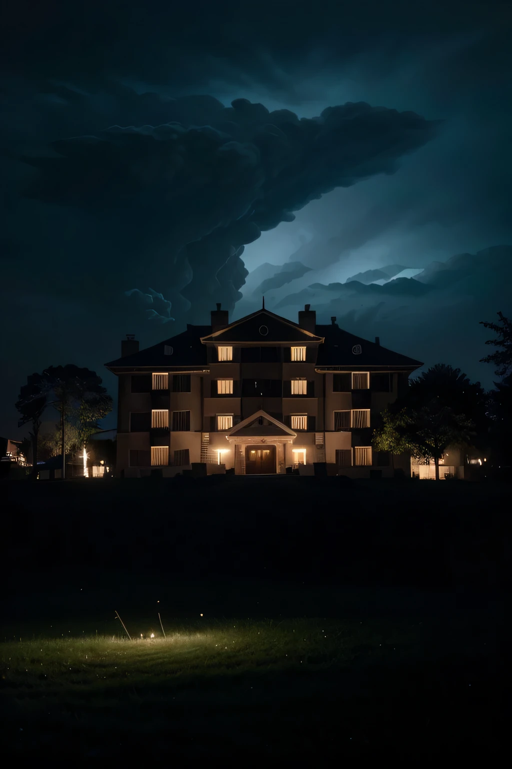 Atmospheric shot of the hotel at night: A deeply chilling image capturing the hotel's silhouette against a moonless sky, with twisted trees looming ominously in the foreground. Jagged lightning streaks across the heavens, illuminating the scene with flashes of blinding light. The air is heavy with the scent of ozone, and the sound of distant howls carries on the wind, sending a shiver down the spine of anyone who dares to listen.