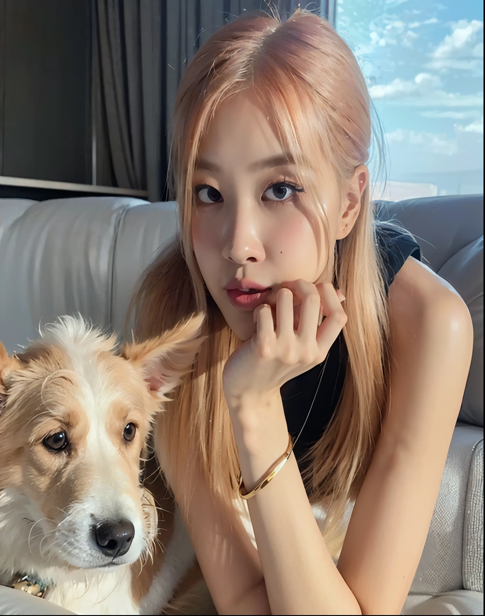 There is a woman lying on a sofa with a dog, tzuyu de dos veces, cai xukun, parque roseanne de blackpink, jossi de blackpink, con perros, heonhwa choe, sol yunjoo, alexa gracia, con hiedra, sha xi, jaeyeon nam, jia, portrait of jossi de blackpink
