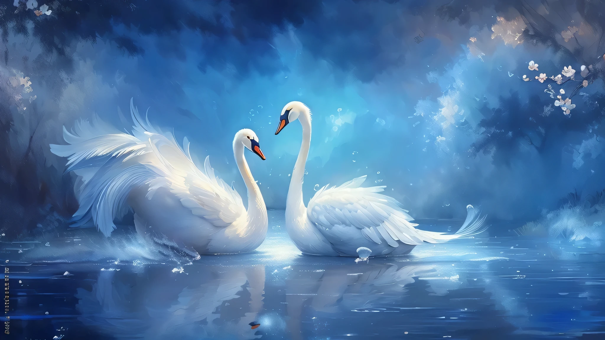 painting of two swans in the water with bubbles in the background, two swans swimming on the lake, elegant oil painting, elegant digital painting, swans, swan, beautiful digital art, high quality digital painting, beautiful oil painting on canvas, digital art oil painting, beautiful digital artwork, beautiful digital painting, painting of beautiful, dramatic oil painting, beautiful gorgeous digital art