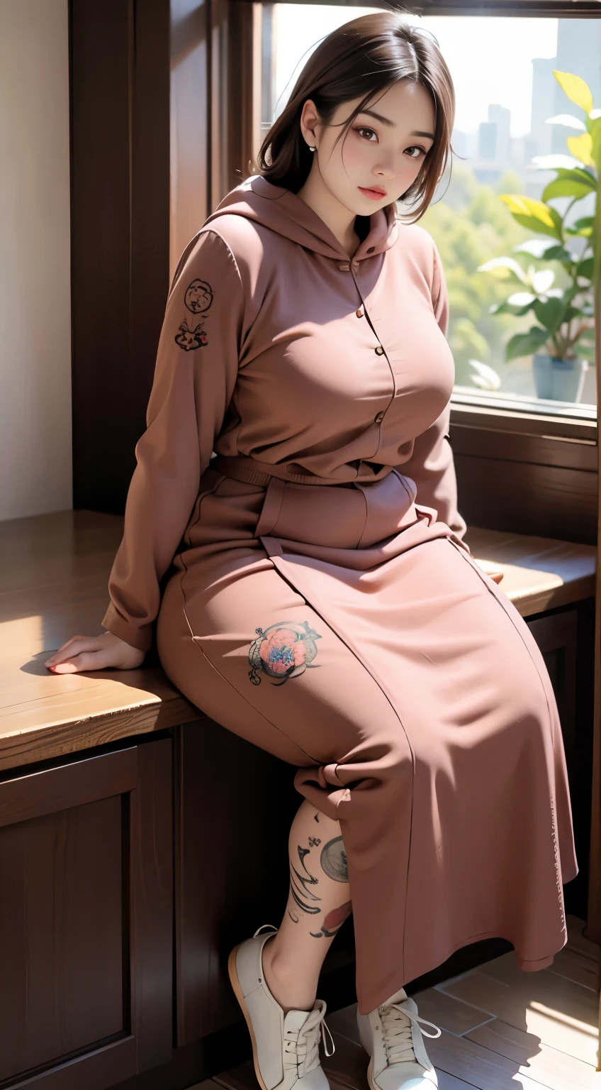 there is a woman sitting down with a longest brown hair, bbwchan, thicc, brown hijab outfit, brown hairstyle model, korean girl, korean woman, wearing brown robe, full length shot, alluring plus sized model, japanese goddess, clothed in hooded, voluptuous and arousing, portrait shot, curvy model, voluptuous body, wonderful, nene tanaka body , bbwchan, The overall atmosphere is smooth , haunting illustrations, extremely high-resolution details, photographic, realism pushed to extreme, fine texture, 4k, ultra-detailed, high quality, high contrast, red sneakers , cold atmosphere ,, cold atmosphere ,, ((Detailed texture of tattooed skin)), tattoo round breasts, irezumi tattoo style, tattoo on breasts, tttattoo, showing her thigh , tattoo on thigh, a close up of a woman with tattoos on her body, inked, tattooed body, fully tattooed body, tattooed, full-body tattoos, full - body tattoos, , full body tattoo, with tattoos, , tattoos, tattoos all over the skin, tattoos and piercings, ((Neka: 0.45)) LoRA, {{大哥的纹身女人 Iremuzi tattoo style v1.0: 0.91}},, ((BohoAI v1.0 : 0.45))