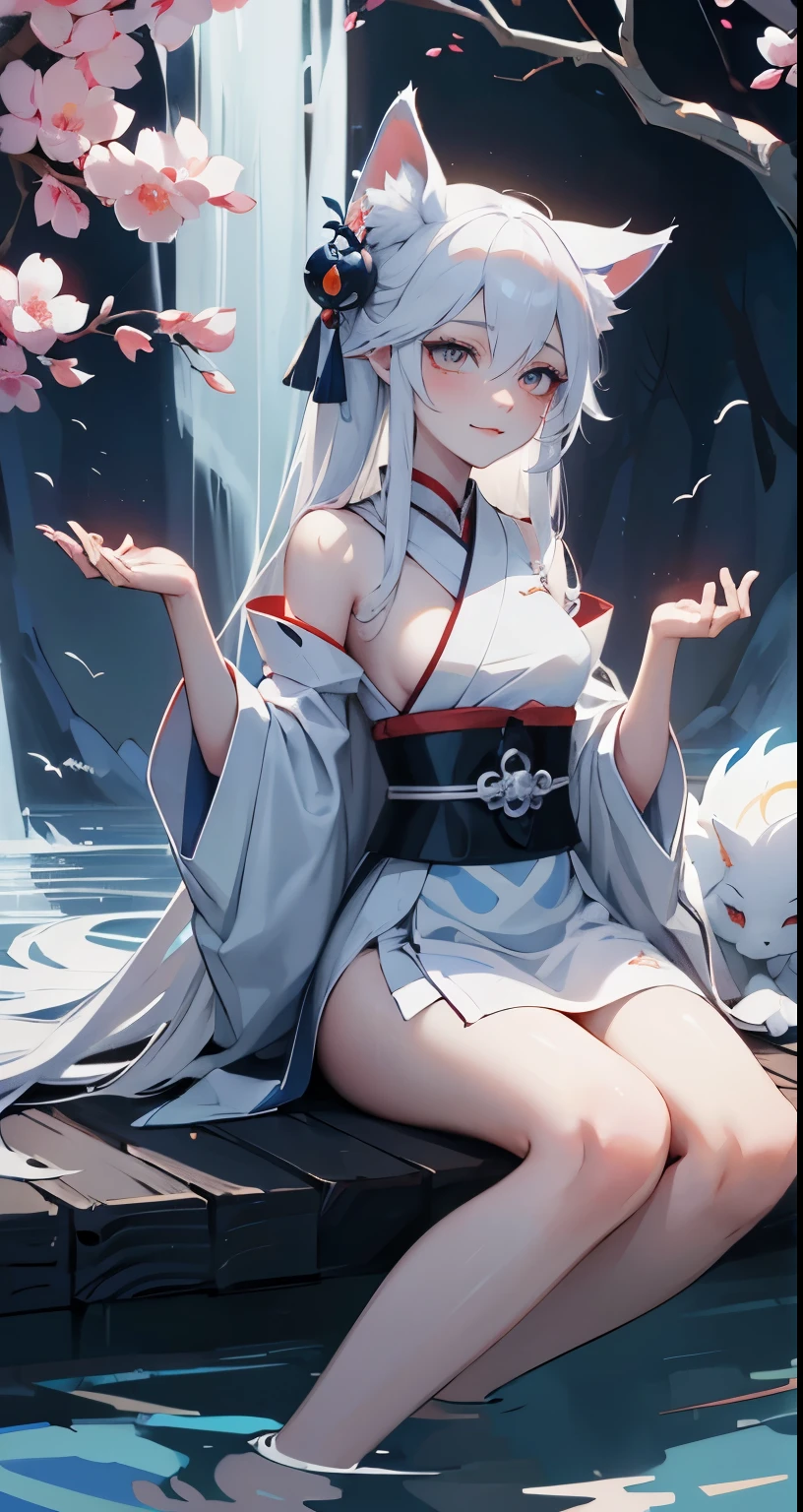 Drawing of a  with white hair sitting on a branch, ethereal , Kyuubi  three-tailed , Onmyoji Detailed Art, Kyuubi, fox ears，Beautiful artistic illustration, mythical creatures, Beautiful digital art work, Beautiful digital illustrations, Water often, 灵感来自mythical creatures Wildnet, Digital art on pixiv, Bright light, high contrast, horror theme, dark atmosphere，seductive，naughty smile，shy，blush，long white hair，sit on the floor，Bright Eyes，