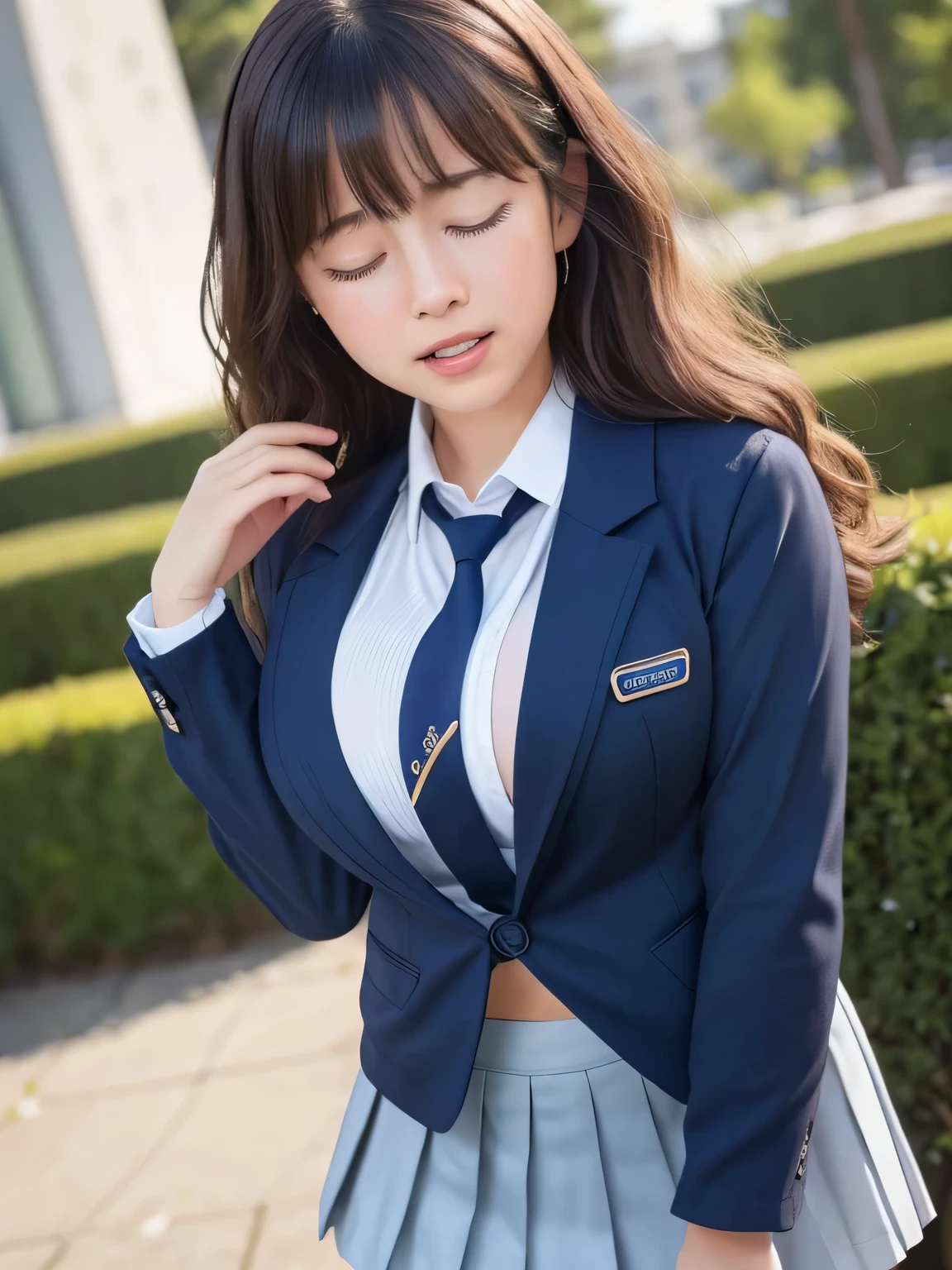 8k, highest quality, real image, intricate details, Super detailed, ultra high resolution, depth field,(realistic,realistic:1.2), (black eye), (tears flow:1.1), (Are crying:1.2), (closed my eyes:1.2), (open mouth:1.1) 1 Japanese female, very beautiful 17 year old girl, Big eyes, beautiful breasts:1.5、highly detailed eyes:1.2), (beautiful breasts:1.1), (small breasts:1.5), wavy hair、curly hair、bangs, perfect skin, Fair skin, huge hips, thick thighs, thick legs, cleavage, tight waist, light blush, alone, looking at the viewer, ((School_uniform),(dark blue blazer), (white shirt、wear a tie), (gray pleated skirt), (sculpture installation :1.1)