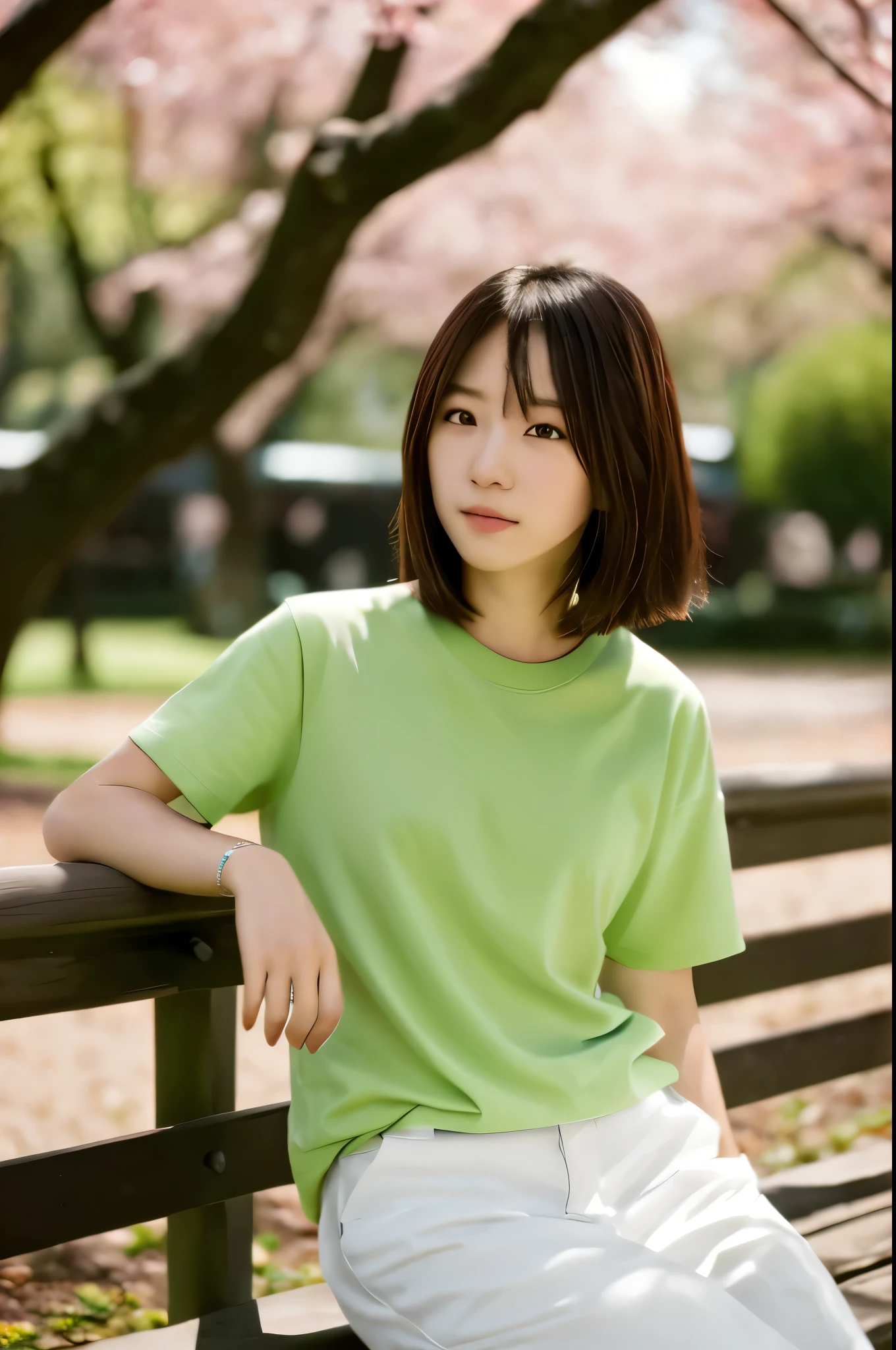 there is a woman that is sitting on a bench in the park, with short hair, a young asian woman, jaeyeon nam, chiho, young asian woman, heonhwa choe, portrait of a japanese teen, young asian girl, portrait image, wearing a brown, medium portrait, in a park, rin, side portrait imagery, photo of young woman