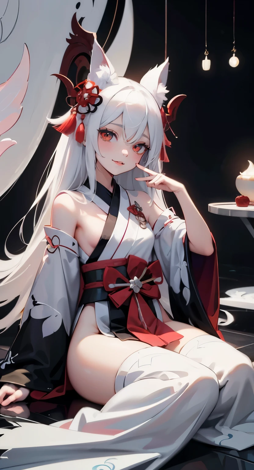 Drawing of a with white hair sitting on a branch, ethereal , Kyuubi three-tailed , Onmyoji Detailed Art, Kyuubi, fox ears,Beautiful artistic illustration, mythical creatures, Beautiful digital art work, Beautiful digital illustrations, Water often, 灵感来自mythical creatures Wildnet, Digital art on pixiv, Bright light, high contrast, horror theme, dark atmosphere,seductive,naughty smile,shy,blush,long white hair,sit on the floor,Bright Eyes,red pupils,