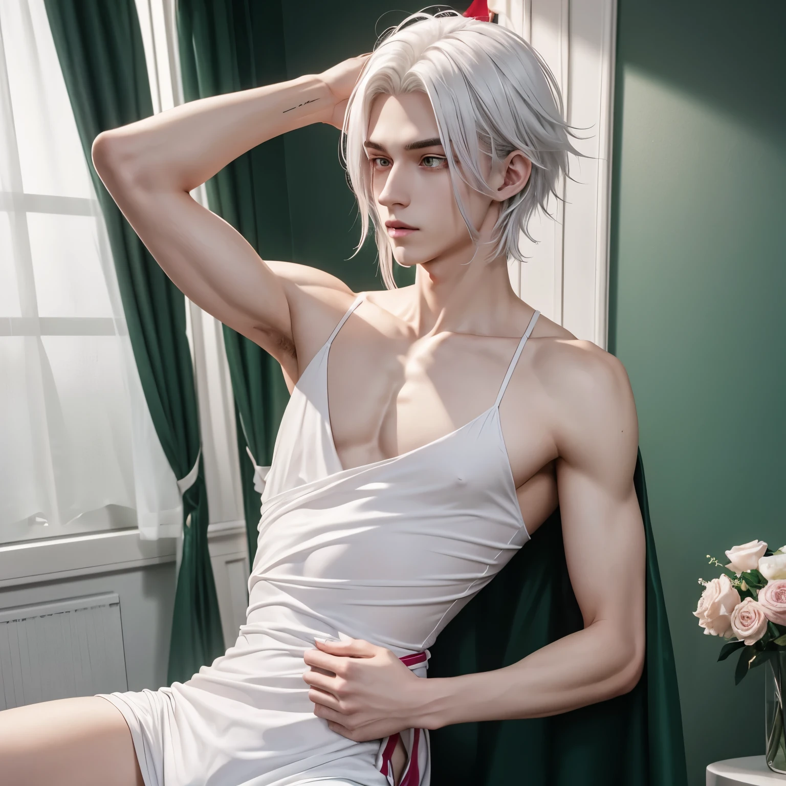 A male character, 19 years old. Around 5’1 - 5’3. Beautiful green-red crystal eyes, tiny nose, diamond/heart shape face, kissable pink lips, white porceline skin, wavy almost straight white platinum hair gradient green on the edge his hair reach down to his waist, slender and curvy body like an omega. And he wore a comfortable clothes, but enough to show his curves.