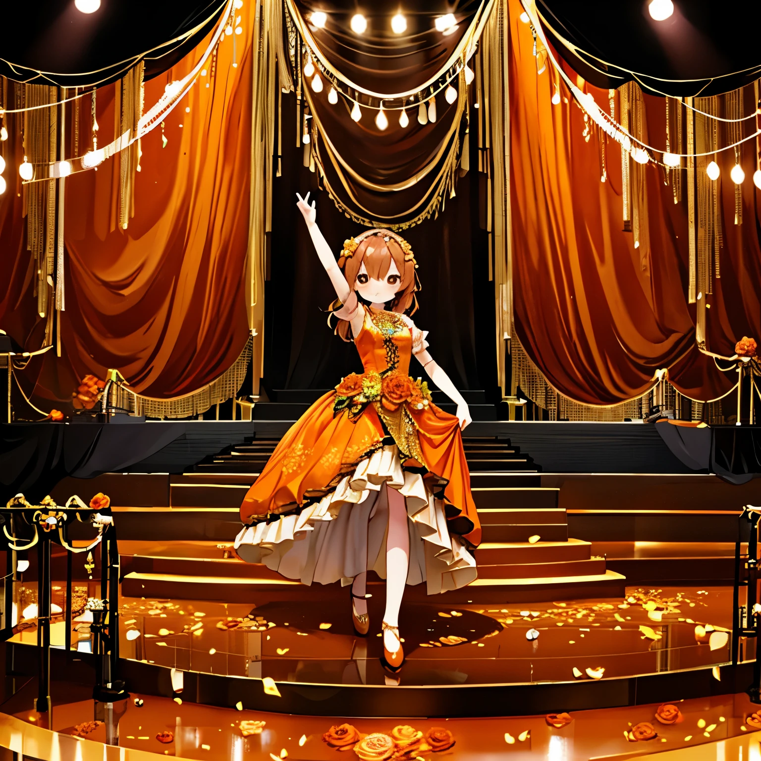 danceホール、orange and brown image、dance alone、orange dress、the dress spreads、dance alone on stage、Spotlight、mysterious girl、beautiful rose hair ornament、stage curtain、courtesy、very beautiful girl、Beautiful smile、Hair moves、dance