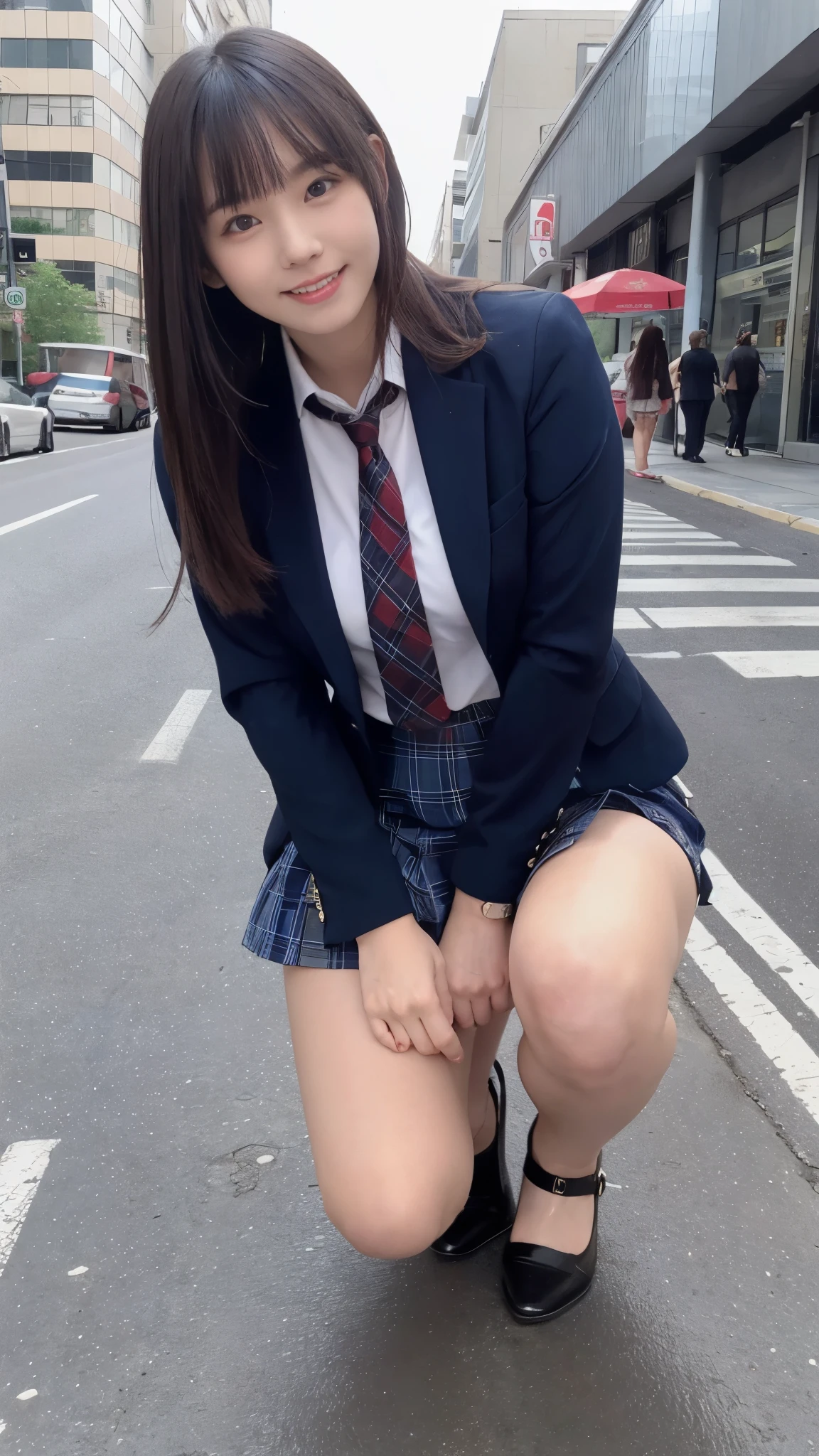 masterpiece, Highest quality, High resolution, girl, Japanese,whole body,Cute face,high school girl,Baby Face,Looking away,Medium Hair,Baby Face,Weeping face,Small breasts,delicate,Expose,Clothes are open,Female genitalia is visible,pubic hair,Lower body naked,uniform,M-shaped legs,Thin thighs,night,night景,City