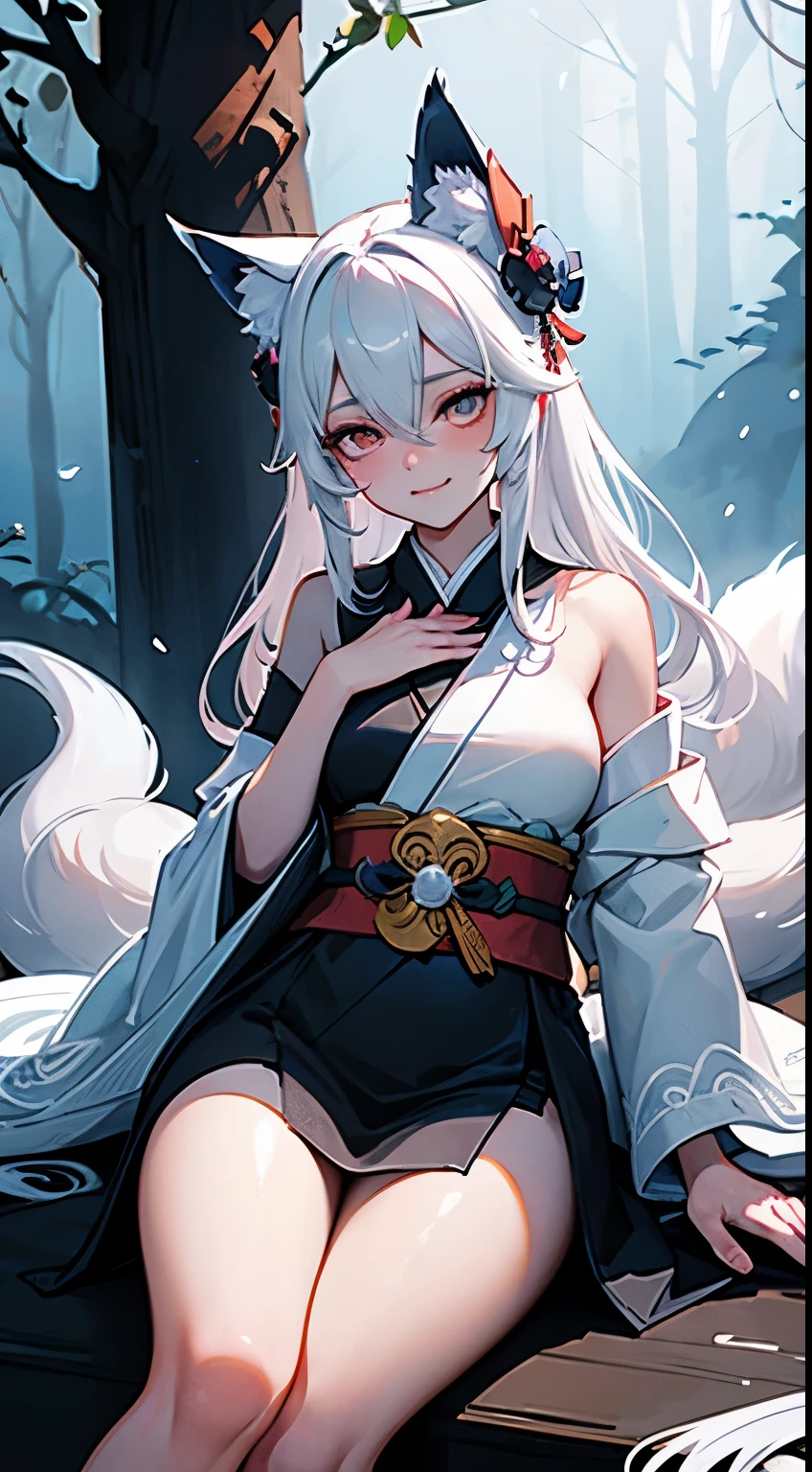 Drawing of a with white hair sitting on a branch, ethereal , Kyuubi three-tailed , Onmyoji Detailed Art, Kyuubi, fox ears,Beautiful artistic illustration, mythical creatures, Beautiful digital art work, Beautiful digital illustrations, Water often, 灵感来自mythical creatures Wildnet, Digital art on pixiv, Bright light, high contrast, horror theme, dark atmosphere,seductive,naughty smile,shy,blush,long white hair,sit on the floor,Bright Eyes,shy,frown,mouth slightly open,