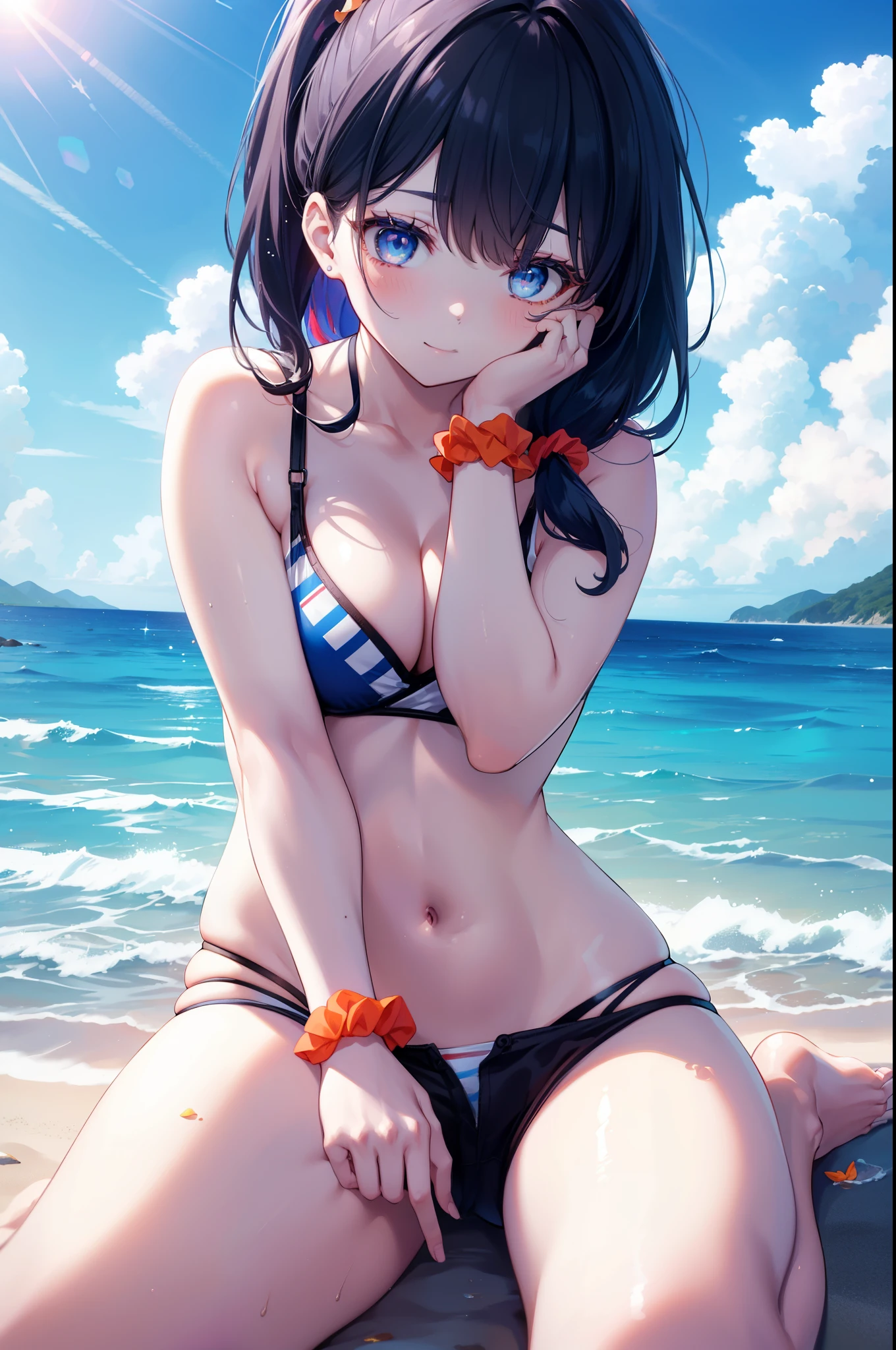 It's a good body, rikka takarada, black hair, blue eyes, long hair, orange Scrunchie, Scrunchie, wrist Scrunchie,Red Bikini Swimsuit,shorts,blush,smile,barefoot,thighs,ビーチのsandy beachを散歩しながら,hardworking day々々sought comfort from the burden of. Sky blue hair waving in the breeze,
break outdoors, sandy beach,seaside,Destroying a palm tree (masterpiece:1.2), highest quality, High resolution, unity 8k wallpaper, (figure:0.8), (detailed and beautiful eyes:1.6), highly detailed face, perfect lighting, Very detailed CG, (perfect hands, perfect anatomy),