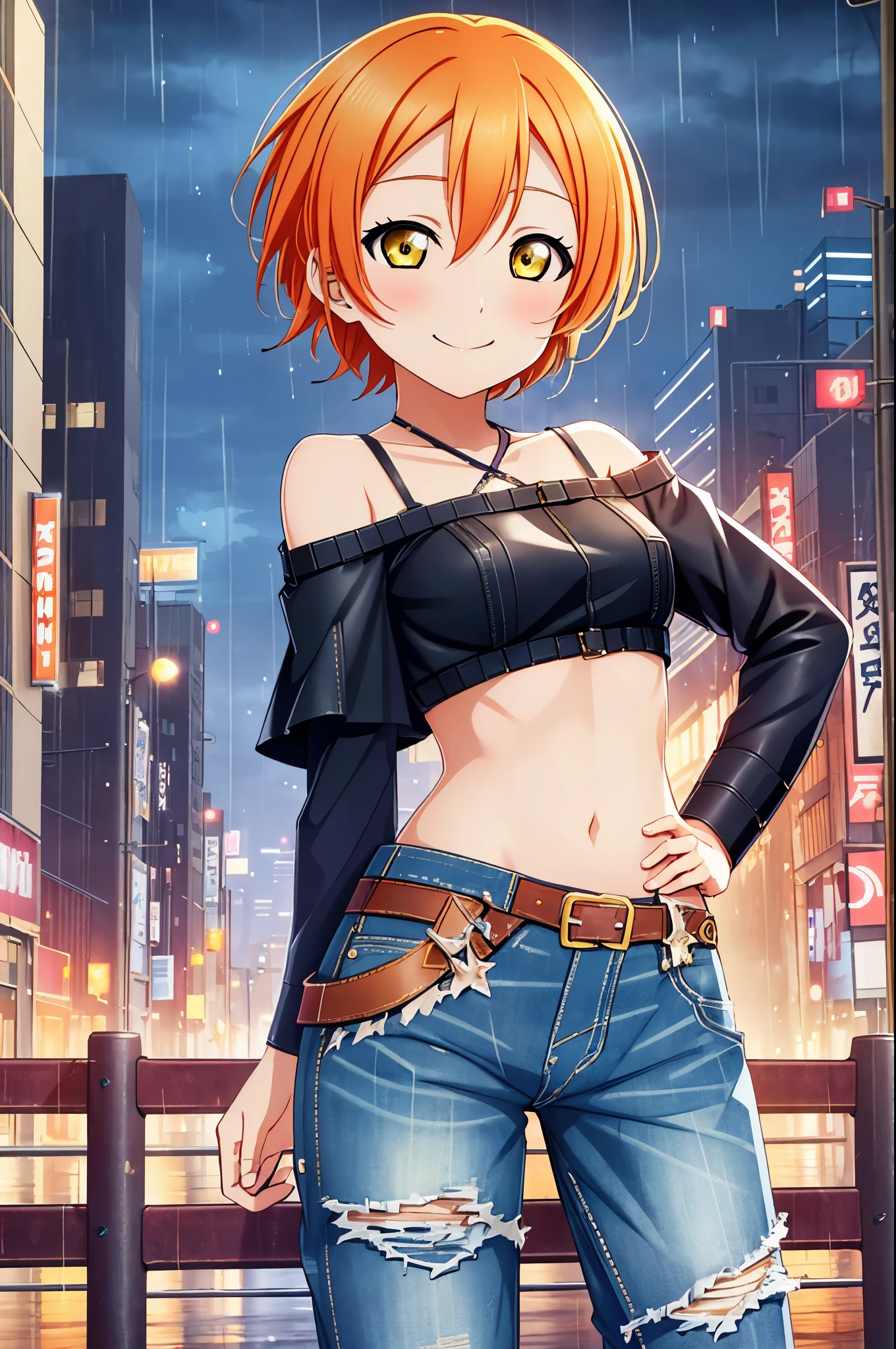 Hoshizora rin, orange hair, yellow eyes,Best Quality,(beauty),phisically-based render ,ultra highres,(cowboy shot:1.5),narrow waist, skinny, big eyes,long legs,torn jeans,leather belt,small breasts,puffy eyes, leather belt,(rainy city), shiny skin, (midriff), off shoulder,torn top, smile 