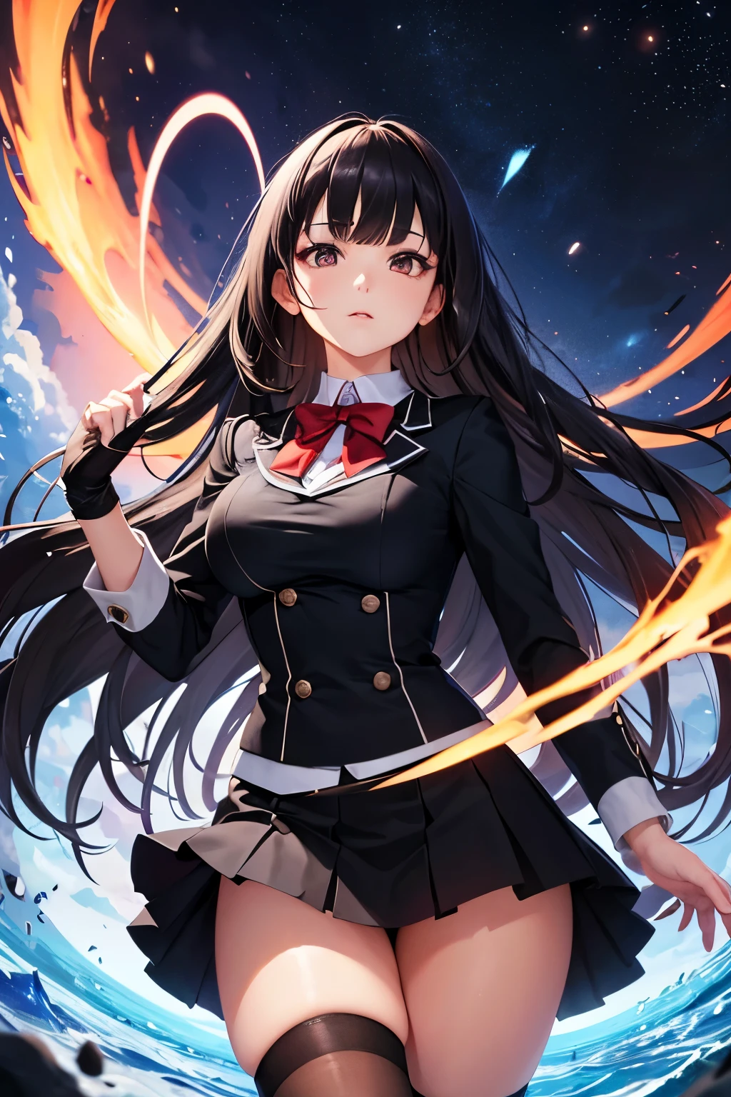 best quality, In the center of the arena, a woman raises her hand high into the sky, white and red magic school uniform, expressionless, brown miniskirt, brown knee-high socks, incredibly absurdres, extremely detailed, delicate texture, a huge swirling black hole of red, purple, and black in the sky, stinking eyes, jet black eyes, blunt bangs, jet black long hair