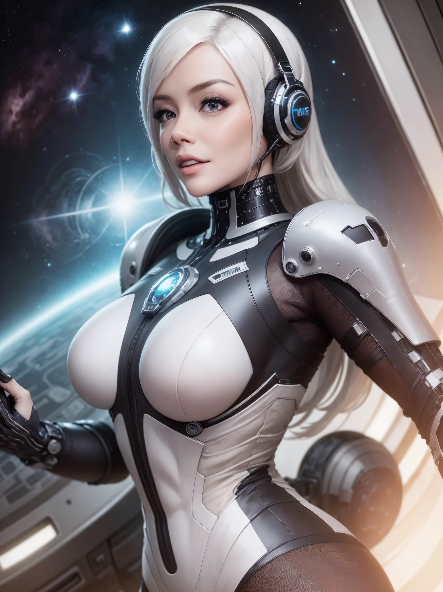 best quality,4k,highres,masterpiece:1.2),ultra-detailed,realistic,sexy,cybernetic woman,beautiful detailed eyes,beautiful detailed lips,unique hairstyle,music lover,listening to music,full-chested,futuristic spaceship,galaxy,sci-fi,headphones,sleek design,vibrant colors,illuminated interior,advanced technology,sophisticated interfaces,hovering in space,atmospheric lights,reflective surfaces,high-tech gadgets,2girls.