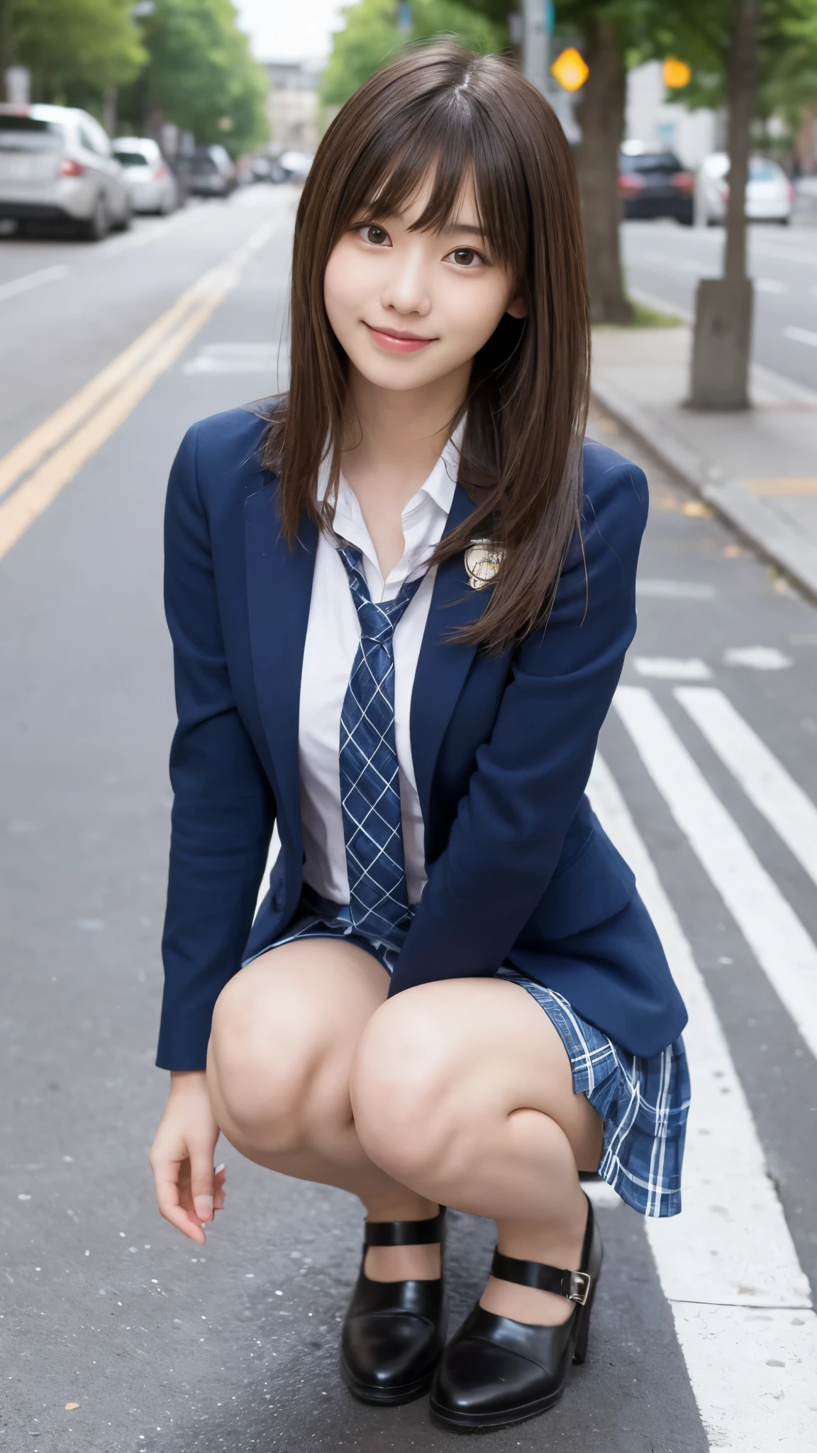 Cute 18 year old girl squatting on the sidewalk,red tie uniform,dark blue closed blazer,blue plaid mini skirt,bangs,a little smile,thighs,knees,Random crouching pose,pretty girl,slender girl,