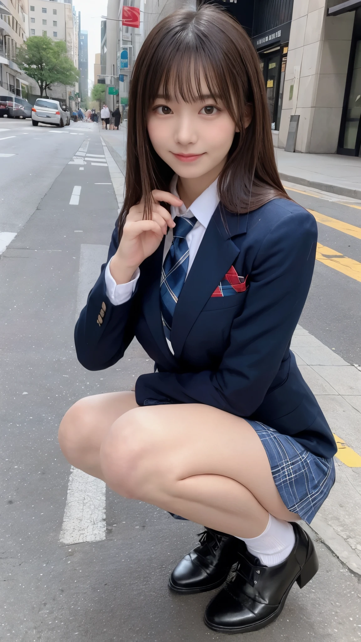 Cute 18 year old girl squatting on the sidewalk,red tie uniform,dark blue closed blazer,blue plaid mini skirt,bangs,a little smile,thighs,knees,Random crouching pose，pretty girl，slender girl，