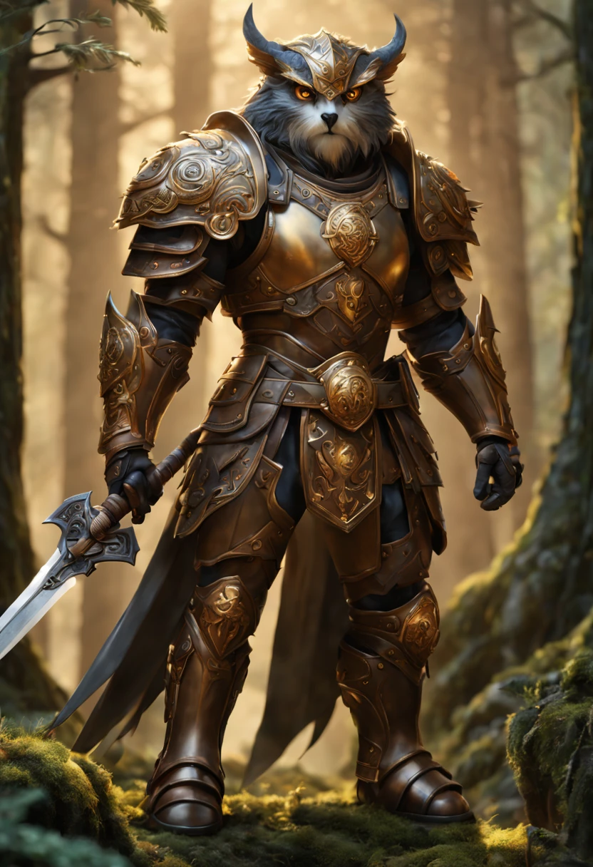 (highest quality,ultra-detailed),(realistic,photorealistic:1.37),(dungeons and dragons style:1.1) Human warrior man holding (a magical),(glowing),(enchanted) sword up high, wearing (heavily reinforced),(splint) armor, (riding),(mounted) on an (armored),(steel-plated) owlbear. The warrior is depicted in a (majestic),(heroic),(powerful) stance, exuding strength and determination. The sword emits a (mystical),(ethereal) glow, illuminating the surroundings and casting (shadows) on the warrior's face. The armor is meticulously crafted, displaying intricate details and fine craftsmanship. The warrior's (expressive),(intense) eyes reveal his unwavering resolve, while his lips are set in a focused expression. The owlbear is adorned with (protective),(reinforced) armor, accentuating its mighty stature. In the background, a (dense),(enchanted) forest can be seen, with (ancient),(moss-covered) trees casting long shadows. The scene is bathed in a (golden),(warm) light, emphasizing the heroism and adventure of the character. The color palette is rich and vibrant, featuring (earthy),(natural) tones with pops of (vibrant),(bold) hues.
