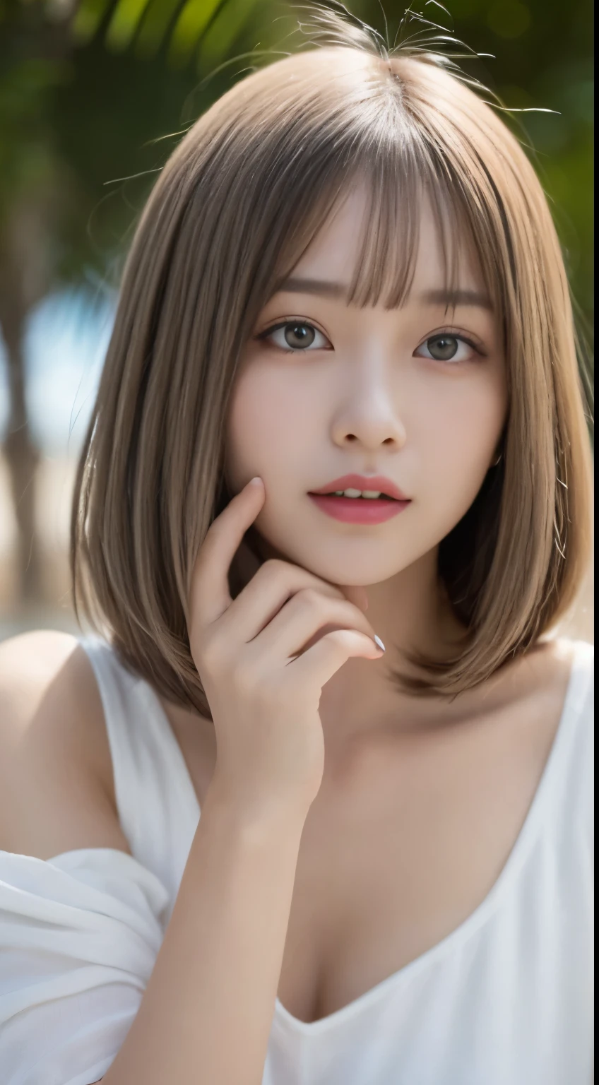 table top, highest quality, figure, super detailed, finely, High resolution, 8k wallpaper, 完璧なダイナミックな構figure, detailed and beautiful eyes , beach, sexy face,A face feeling ecstasy,Face at the peak of sexual excitement,The expression on your face when you feel intense caress、Beautiful girl with silver hair and bob cut
