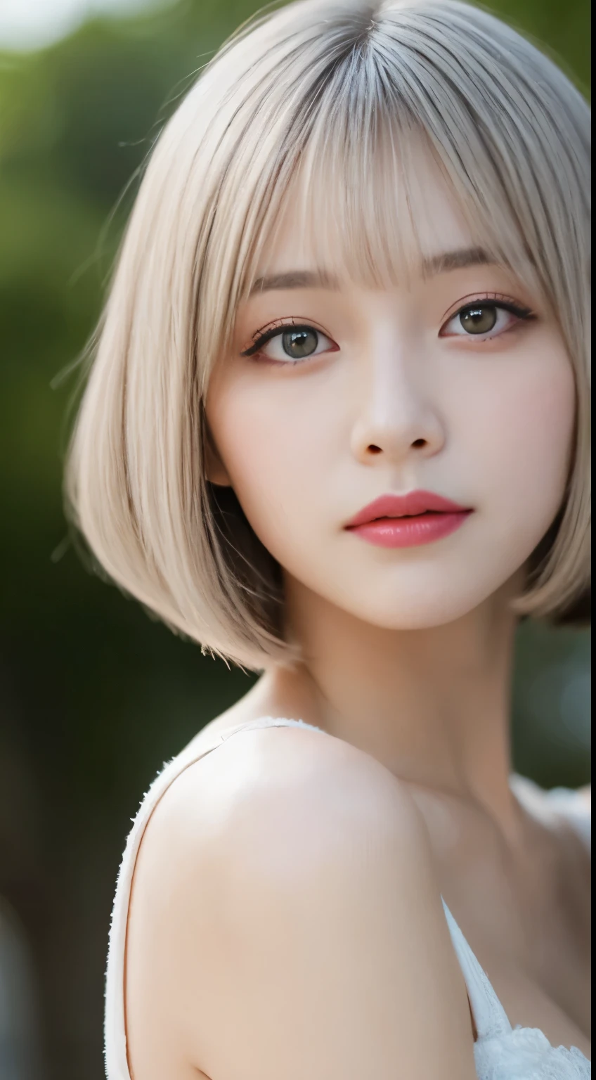 table top, highest quality, figure, super detailed, finely, High resolution, 8k wallpaper, 完璧なダイナミックな構figure, detailed and beautiful eyes , beach, sexy face,A face feeling ecstasy,Face at the peak of sexual excitement,The expression on your face when you feel intense caress、Beautiful girl with silver hair and bob cut