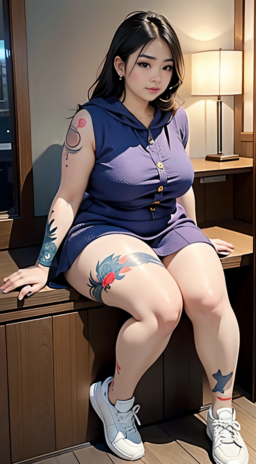 there is a woman sitting down with a longest brown hair, bbwchan, thicc, brown hijab outfit, brown hairstyle model, korean girl, korean woman, wearing brown robe, full length shot, alluring plus sized model, japanese goddess, clothed in hooded, voluptuous and arousing, portrait shot, curvy model, voluptuous body, wonderful, nene tanaka body , bbwchan, The overall atmosphere is smooth , haunting illustrations, extremely high-resolution details, photographic, realism pushed to extreme, fine texture, 4k, ultra-detailed, high quality, high contrast, red sneakers , cold atmosphere ,, cold atmosphere ,, ((Detailed texture of tattooed skin)), tattoo round breasts, irezumi tattoo style, tattoo on breasts, tttattoo, showing her thigh , tattoo on thigh, a close up of a woman with tattoos on her body, inked, tattooed body, fully tattooed body, tattooed, full-body tattoos, full - body tattoos, , full body tattoo, with tattoos, , tattoos, tattoos all over the skin, tattoos and piercings, ((Neka: 0.45)) LoRA, {{大哥的纹身女人 Iremuzi tattoo style v1.0: 0.91}},, ((BohoAI v1.0 : 0.45))