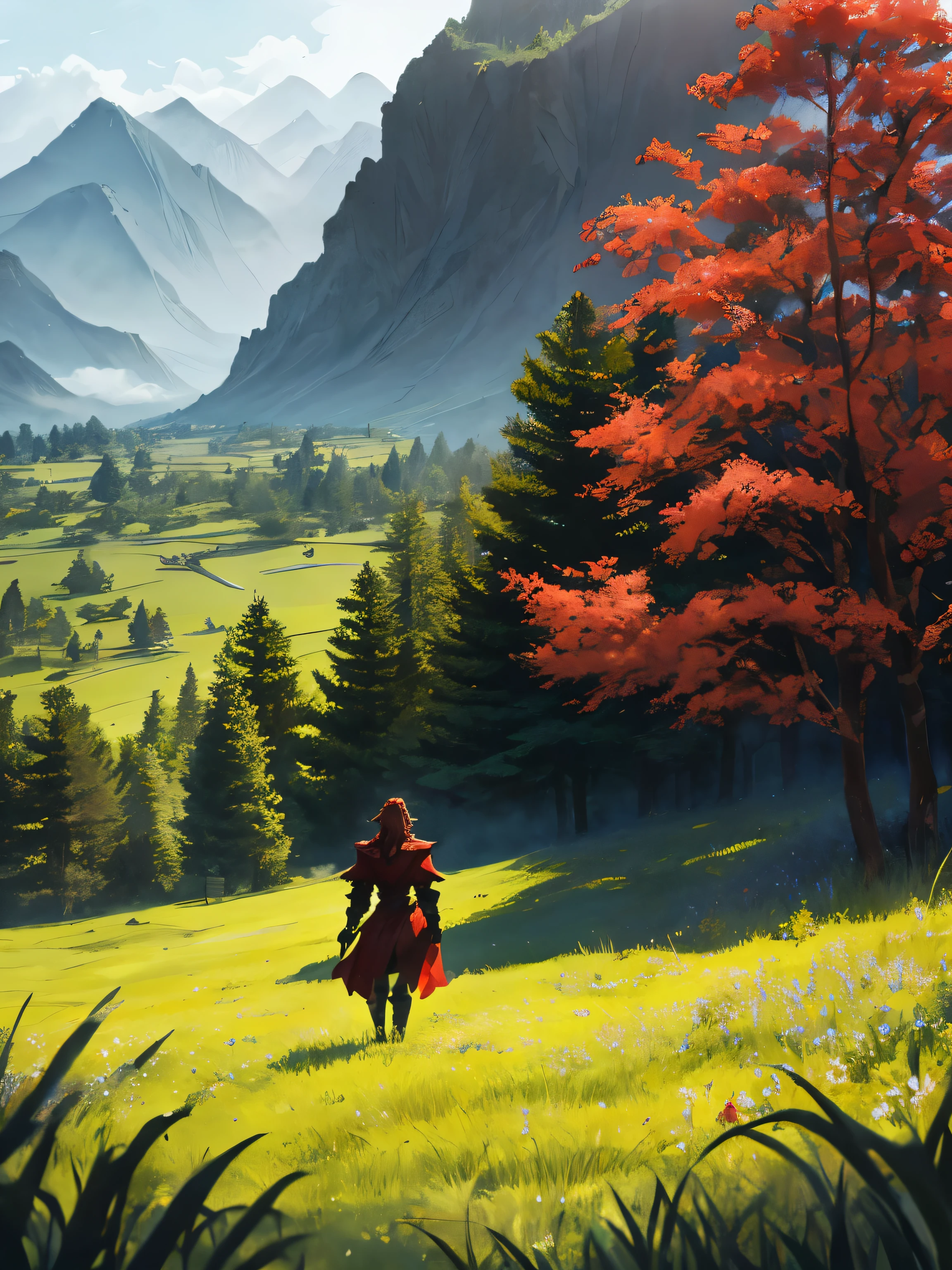 Dark, red themed, Anyone can find love except you, In a green meadow stands a knight
BREAK
With a brave expression,
BREAK
Behind him, a green forest stretches out and beyond that, mountains rise in the distance.
BREAK
The most suitable effect for this scene would be a watercolor painting technique to capture the softness of the meadow and the fluidity of the movement