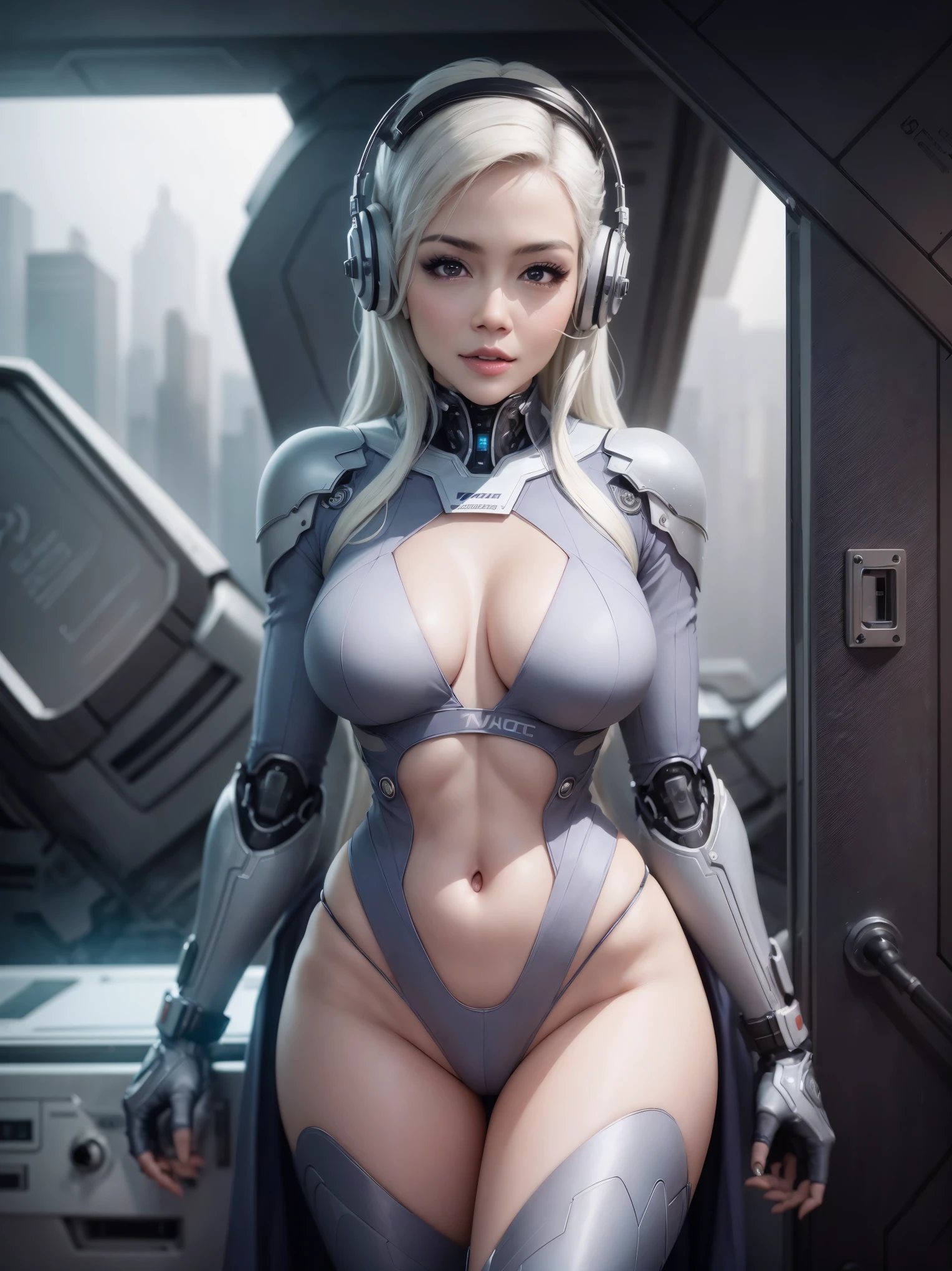 best quality,4k,highres,masterpiece:1.2),ultra-detailed,realistic,sexy,cybernetic woman,beautiful detailed eyes,beautiful detailed lips,unique hairstyle,music lover,listening to music,full-chested,futuristic spaceship,galaxy,sci-fi,headphones,sleek design,vibrant colors,illuminated interior,advanced technology,sophisticated interfaces,hovering in space,atmospheric lights,reflective surfaces,high-tech gadgets,2girls.