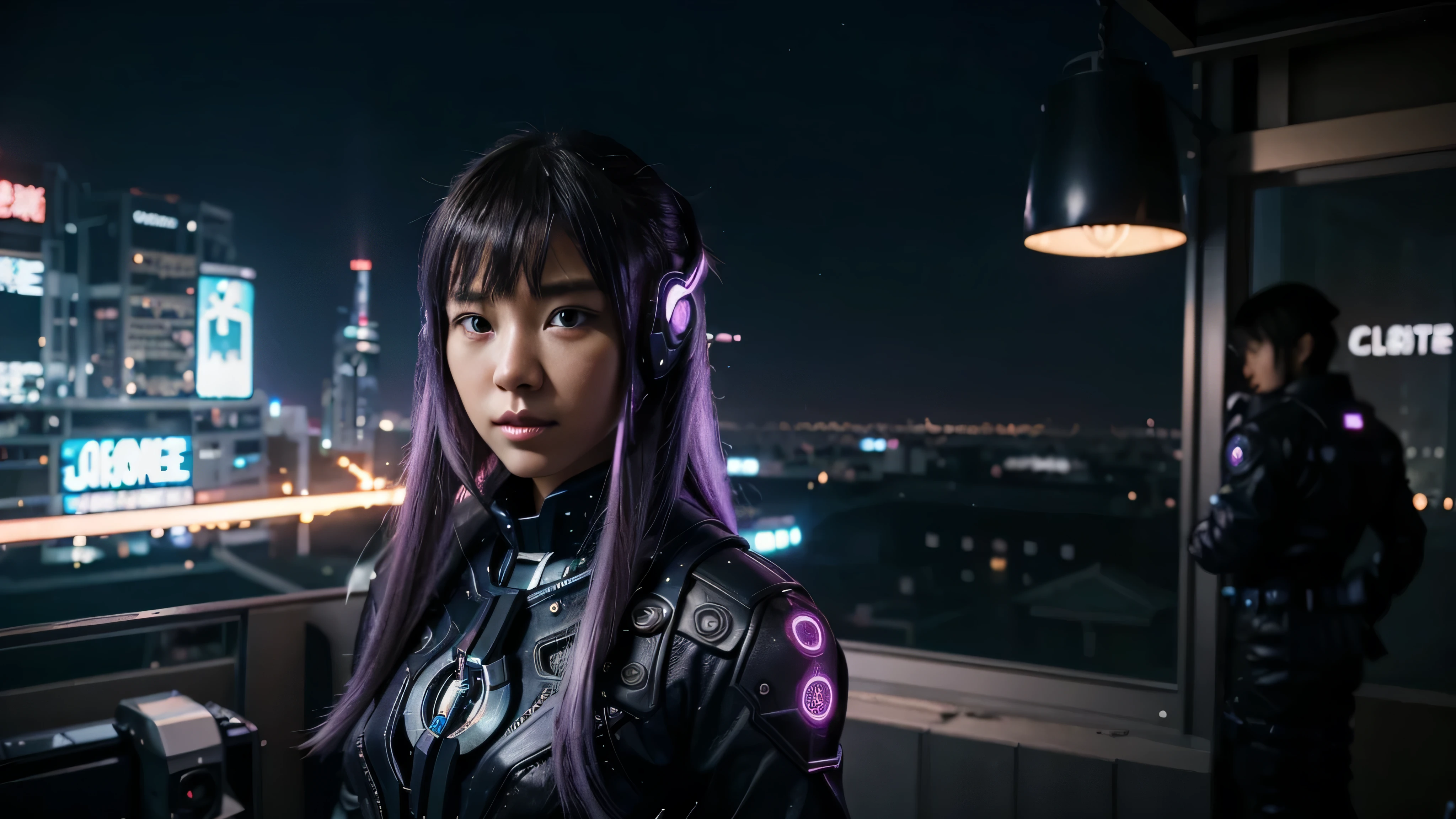 Future night view seen from the roof of the building。near future。girl。cyber punk。future。Tokyo of the future。three-dimensional hologram