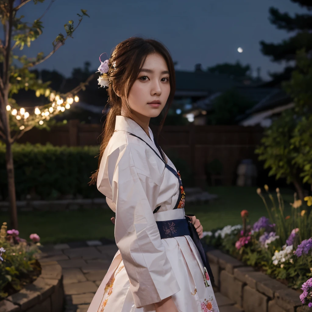 best quality, high_resolution, distinct_image, detailed background ,girl, hanbok,flower,garden,moon, night,