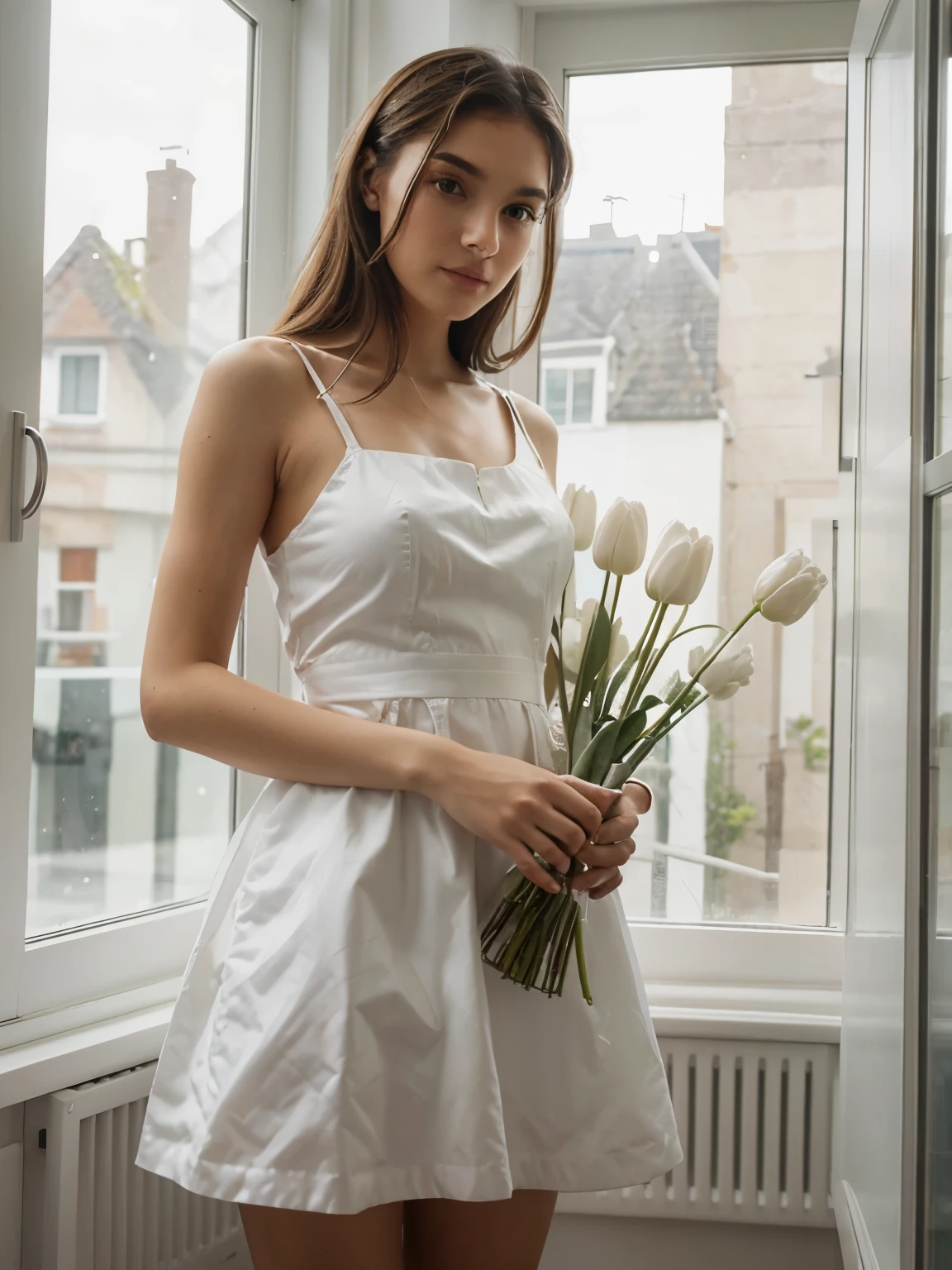 a whomen in a white dress with white tulips stands by the window, realism