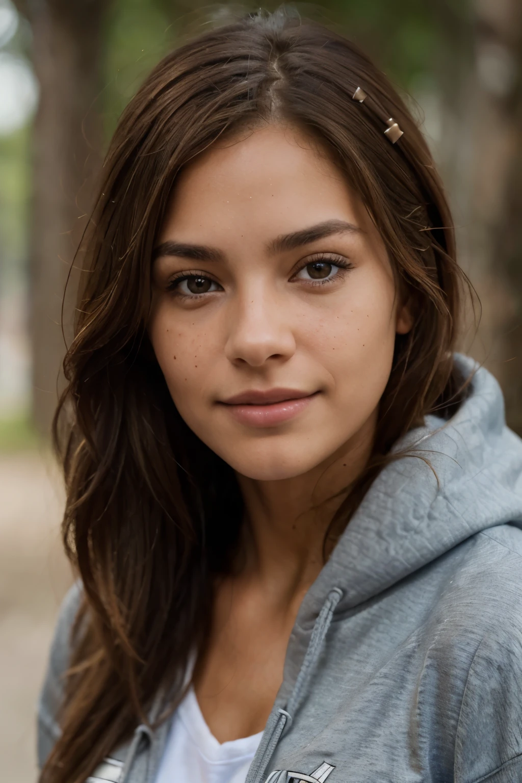 Latina, lange haare, sexy, Brown hair with blonde streaks, Smile, Sweet, blauer hoodie, realistic close-up photo of skin showing all small details, 8 THOUSAND, ((detailed skin)), Natural skin, skin pores, skin hair, realistic skin texture, skin blemishes, freckled, hyperdetailed, natural light, 4K, HDR, UHD, masterpiece, (sharp focus:1.4), intricate, Fine details, Medium (chin length:1.2),