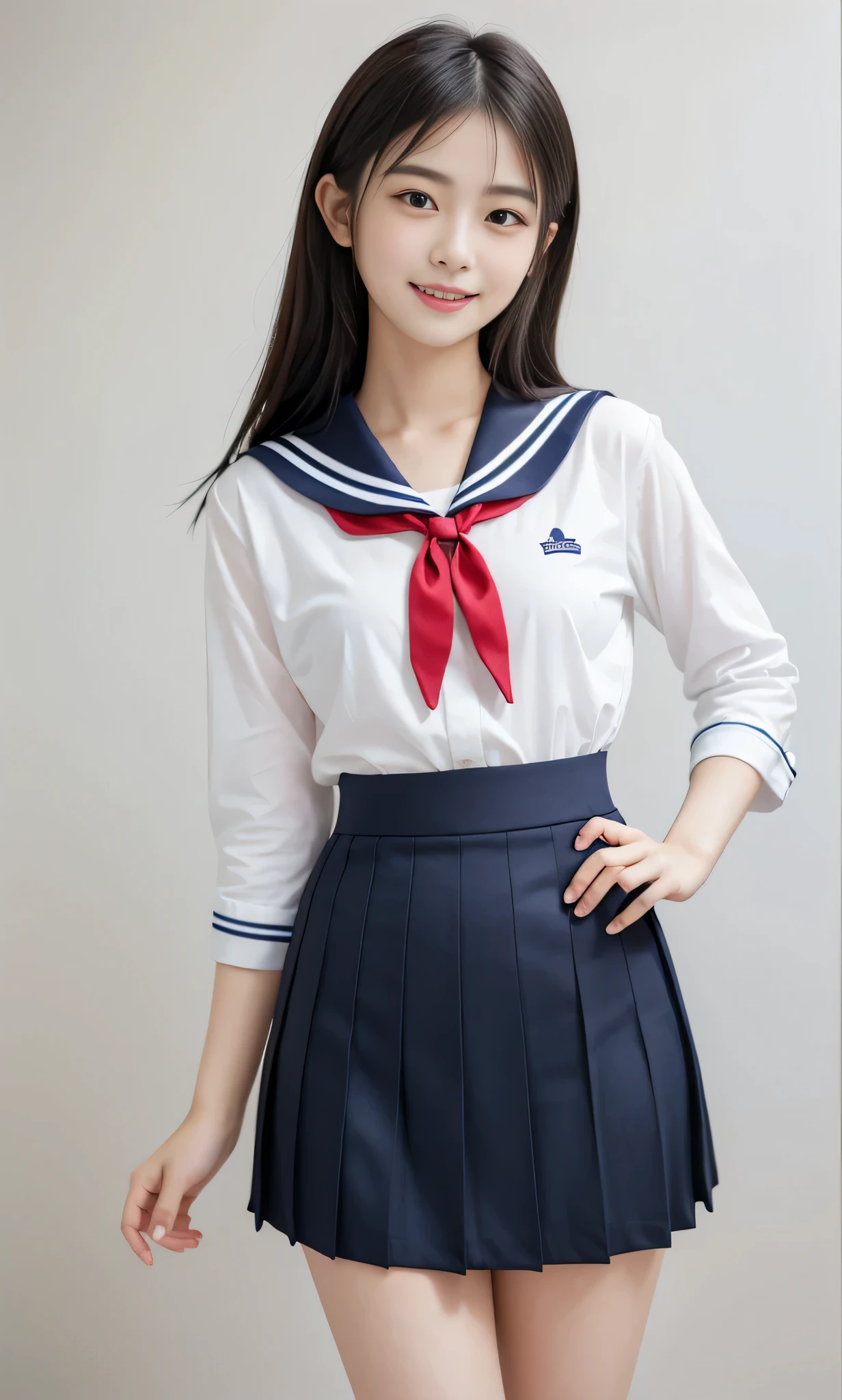 (super highest quality、ultra high resolution、８ｋ、masterpiece:1.3)、beautiful woman with perfect figure:1.4、black hair、school uniform、((sailor suit))、(((((((no background))))))、cute、highly detailed face and skin、fine eyes、double eyelid、thin legs、best smile、(((Lonely)))、extraordinary beauty、age is 16 years old、perfect proportions、（(raise your index finger)）、tilt your face slightly、unparalleled beauty、navy blue skirt、pleated skirt、mini skirt,(pure white background）