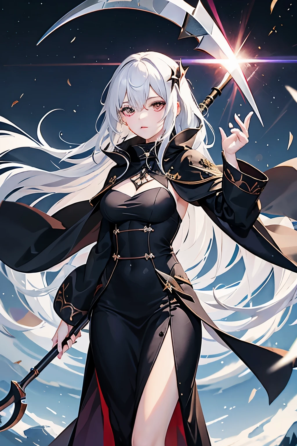disaster々A beautiful girl with a beautiful scythe、She wears a black robe and a short white skirt.、Lightning is shining behind me