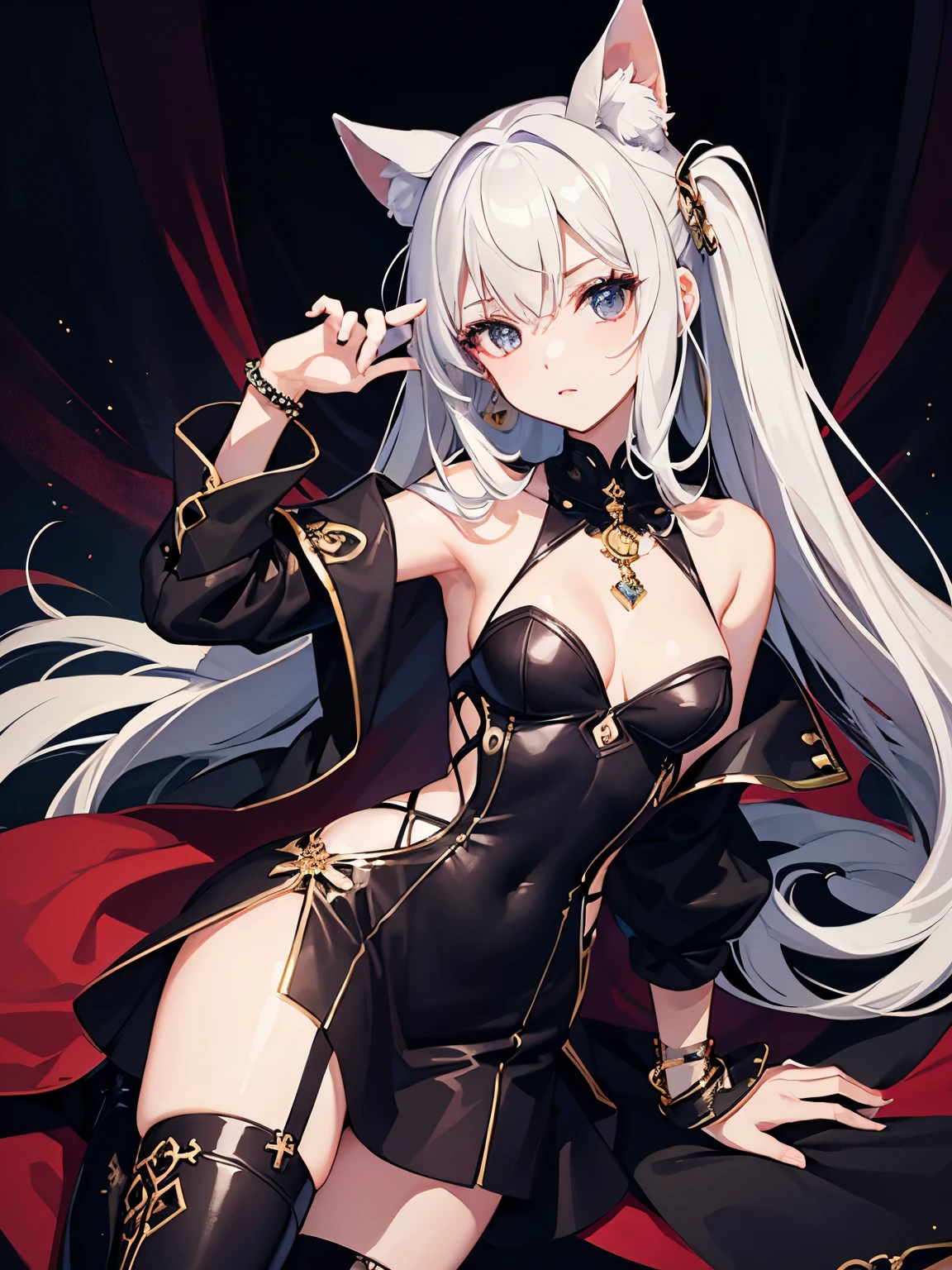 Best quality,tmasterpiece,1 rapariga, upper_body, Velvet mini dress,thigh-high boots,Statement necklace and cuff bracelet。natta,deep colour,in a manor, black eyes and hair