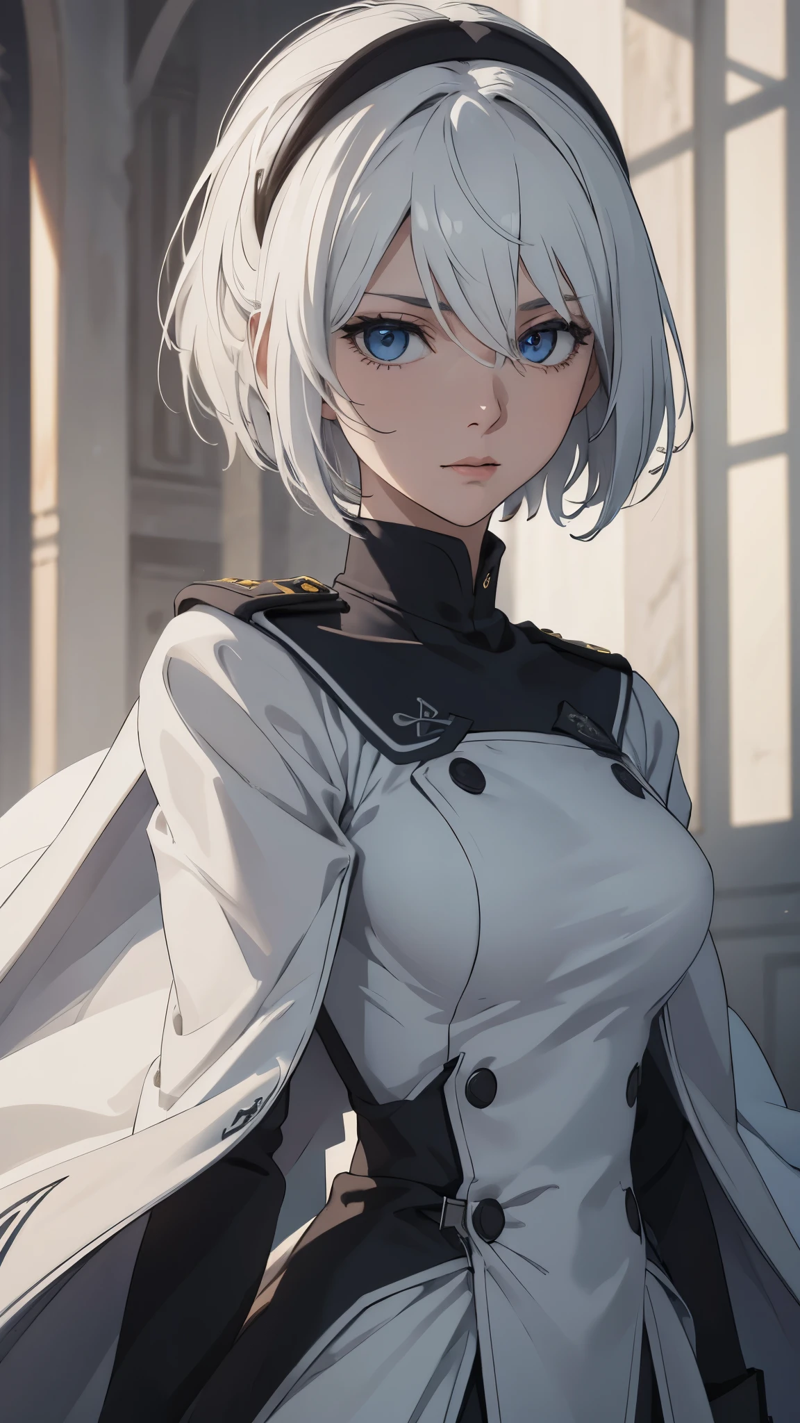 (extremely detailed CG unity 8k wallpaper), (masterpiece), (best quality), (ultra-detailed), (best illustration), (best shadow), (absurdres) ,(detailed eyes), 2b, 1girl, long hair, white hair, solo, Intimidating women, admiral uniform, night, hero pose, white clothes, General Uniform, Military Uniform, Sunlight, exposed to sunlight,commander, fighting pose, wearing cape