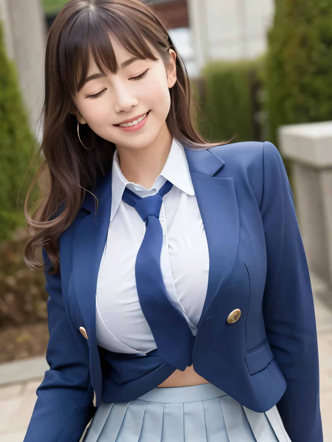 8k, highest quality, real image, intricate details, Super detailed, ultra high resolution, depth field,(realistic,realistic:1.2), (closed my eyes:1.2), 1 Japanese female, very beautiful 17 year old girl, Big eyes, beautiful breasts:1.5、highly detailed eyes:1.2), (beautiful breasts:1.1), (small breasts:1.5), wavy hair、curly hair、bangs, perfect skin, Fair skin, huge hips, thick thighs, thick legs, cleavage, tight waist, light blush, alone, looking at the viewer, (smile:1.4), ((School_uniform),(dark blue blazer), (white shirt、wear a tie), (gray pleated skirt), (sculpture installation :1.1)