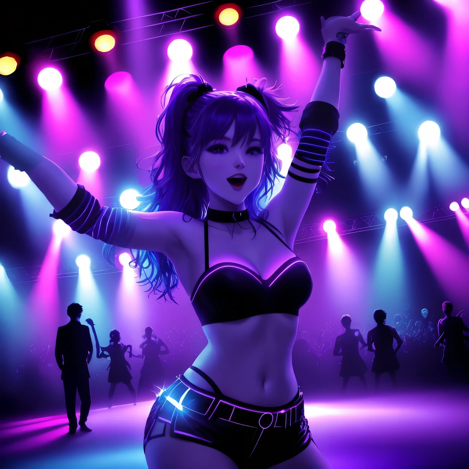 Club in the dark night, strobe lights, blue, purple, red, vibrant colors, dancing