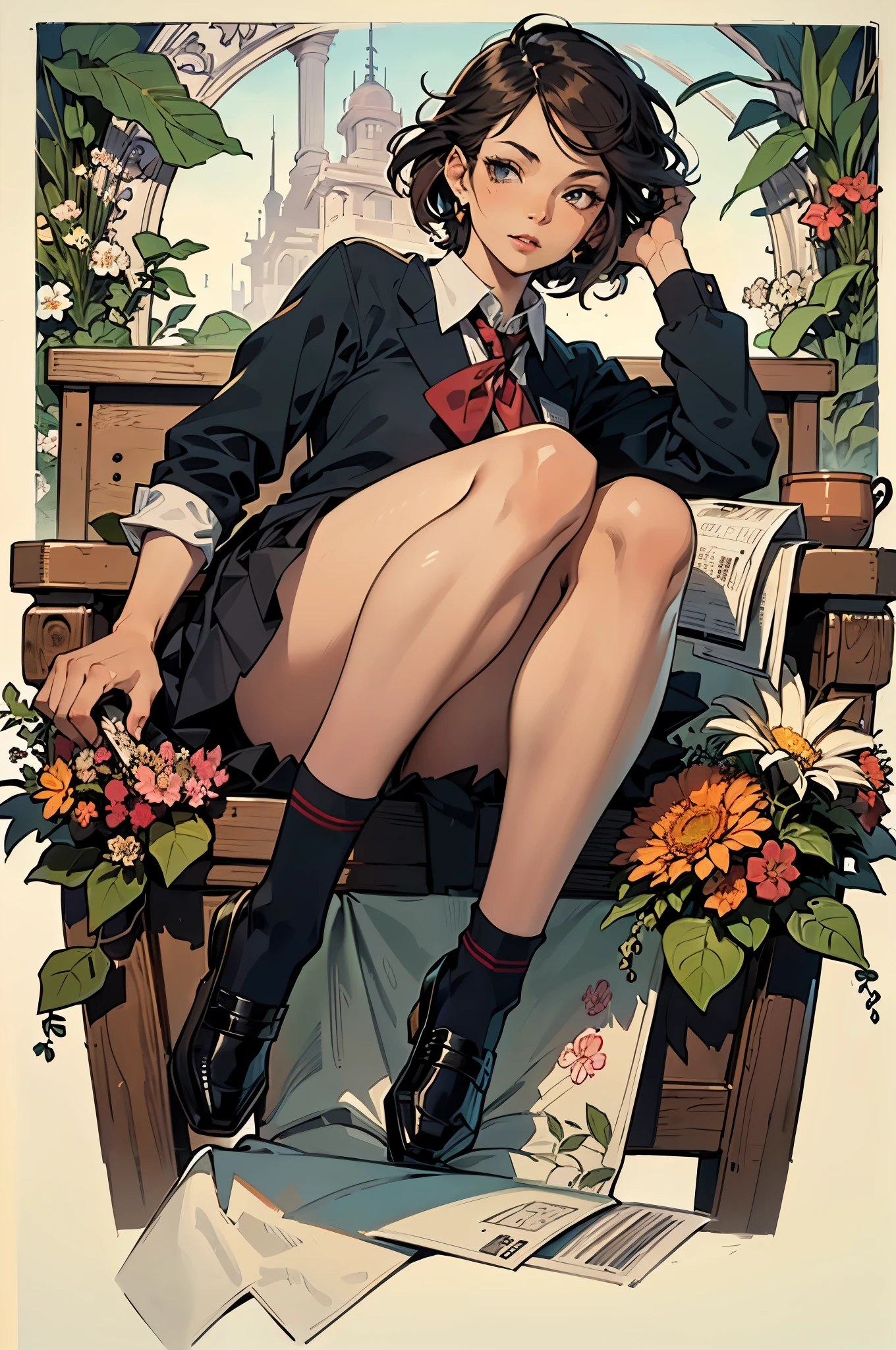 sexy,(by mucha:1.2),((art deco,Botanical Art,Floral Art)),(floral:1.2),
(masterpiece, highest quality), (high resolution, details,retina),beatiful backgrounds,anatomically correct,Accurate drawing,Detailed drawing,high-class sense,
Solo:1.2,woman,(detailed face:1.2),(detailed hair:1.2),
(School uniform:1.5), Baggy socks、
(Unruly hair, voluminous hair),
(Beautiful thighs:1.0),